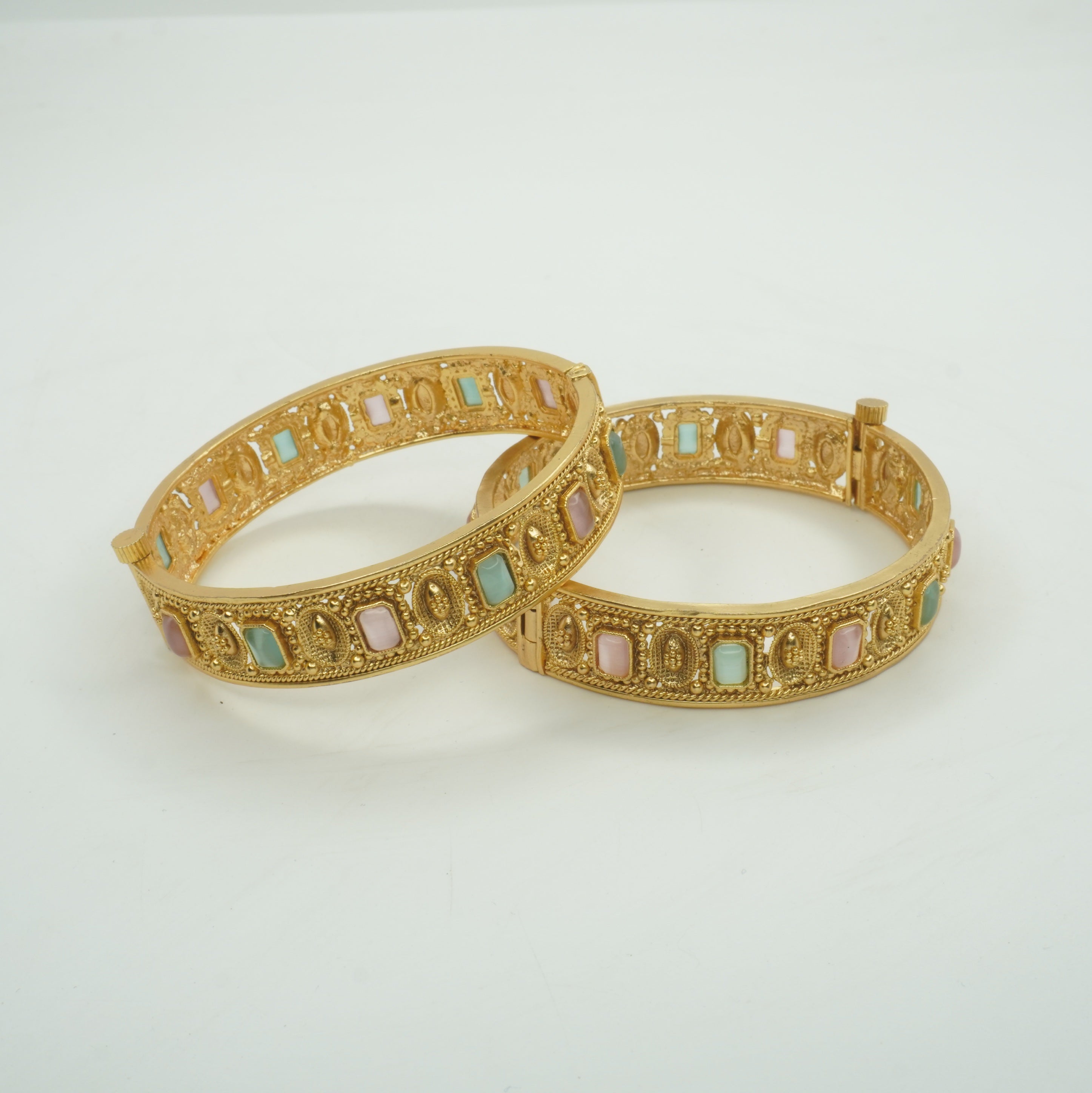 Handcrafted Indian Antique Gold Filigree Hinged Bangle Pair with Pastel Stone Inlay Ethnic Jewelry Gift for Women
