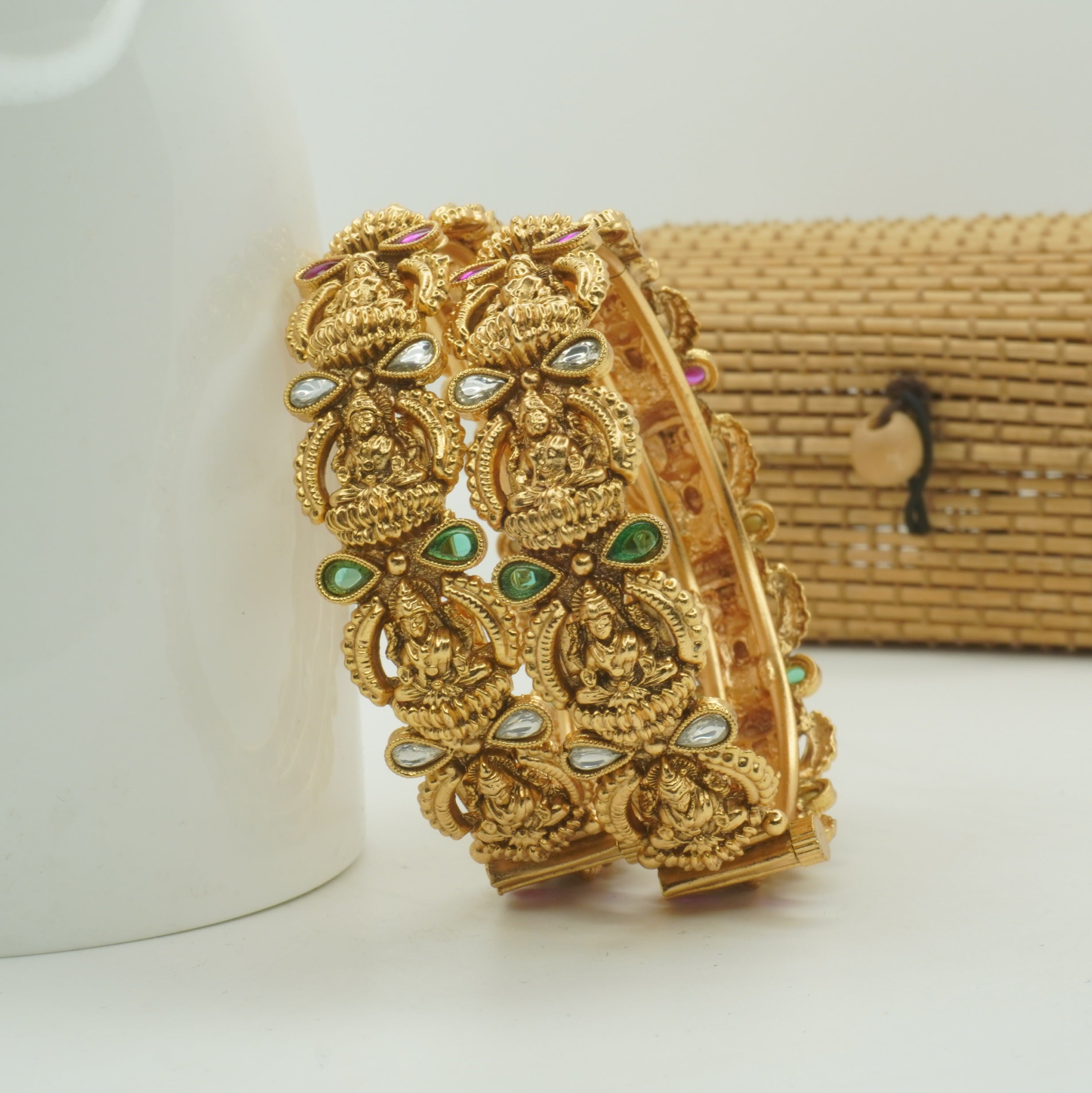 Traditional Lakshmi Temple Bridal Kangan Pair Gold Plated Wedding Bangles for Women