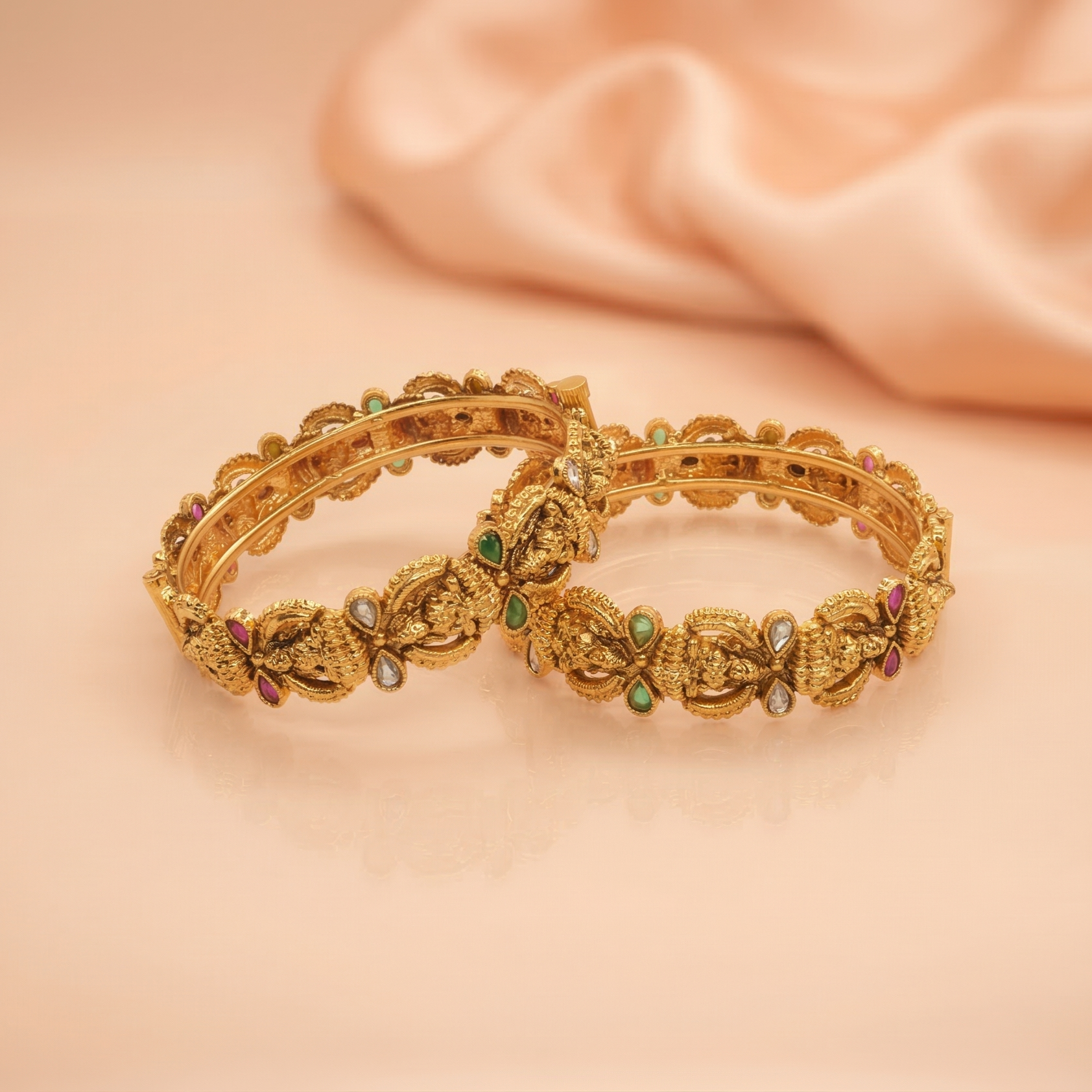 Traditional Lakshmi Temple Bridal Kangan Pair Gold Plated Wedding Bangles for Women