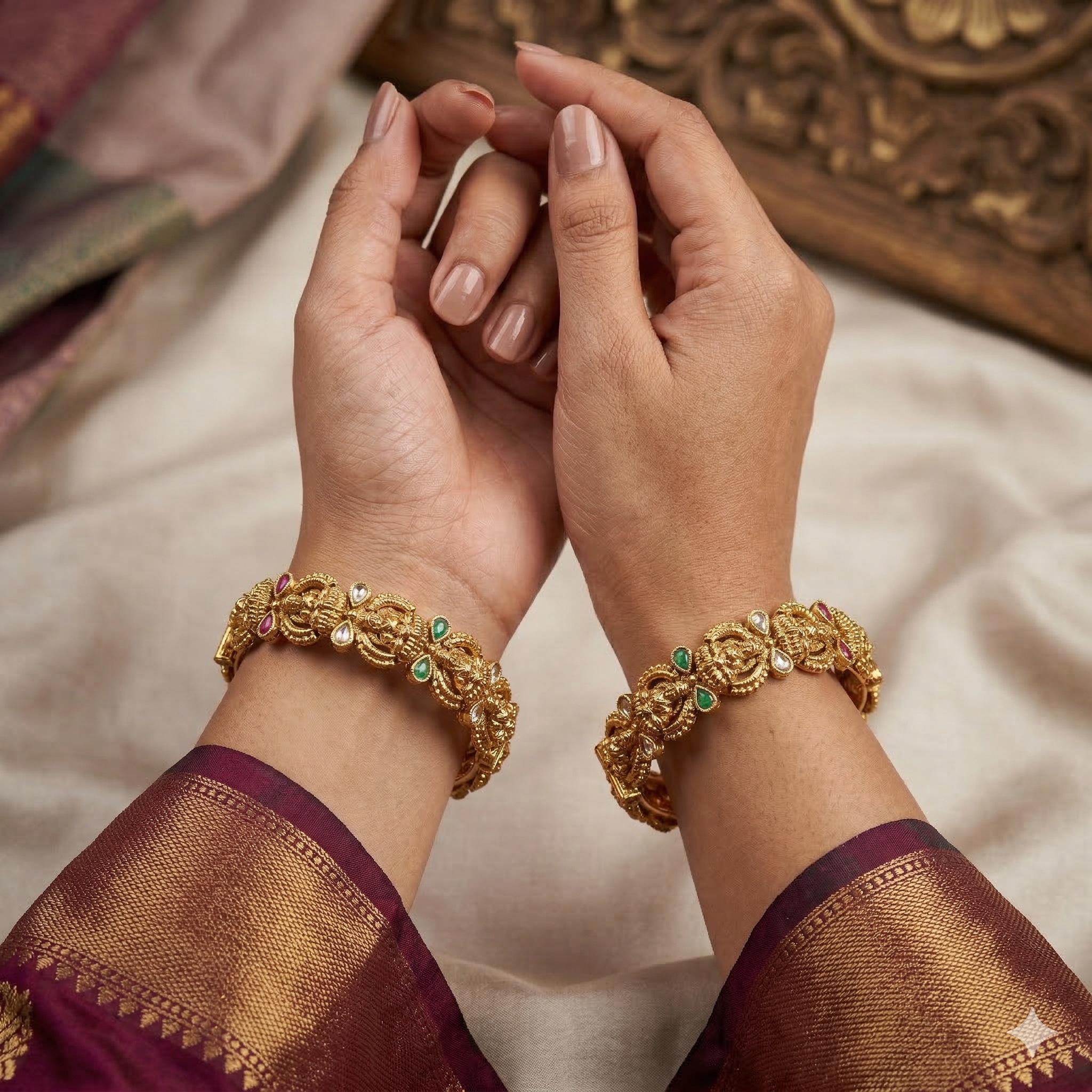 Traditional Lakshmi Temple Bridal Kangan Pair Gold Plated Wedding Bangles for Women