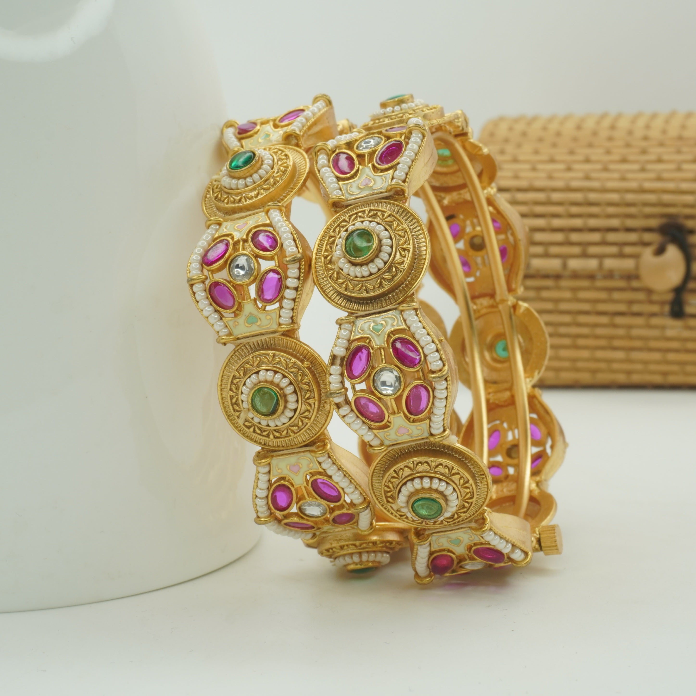 Bridal Gold Plated Kundan Meenakari Kangan Bangles Pair for Women – Indian Wedding Jewelry