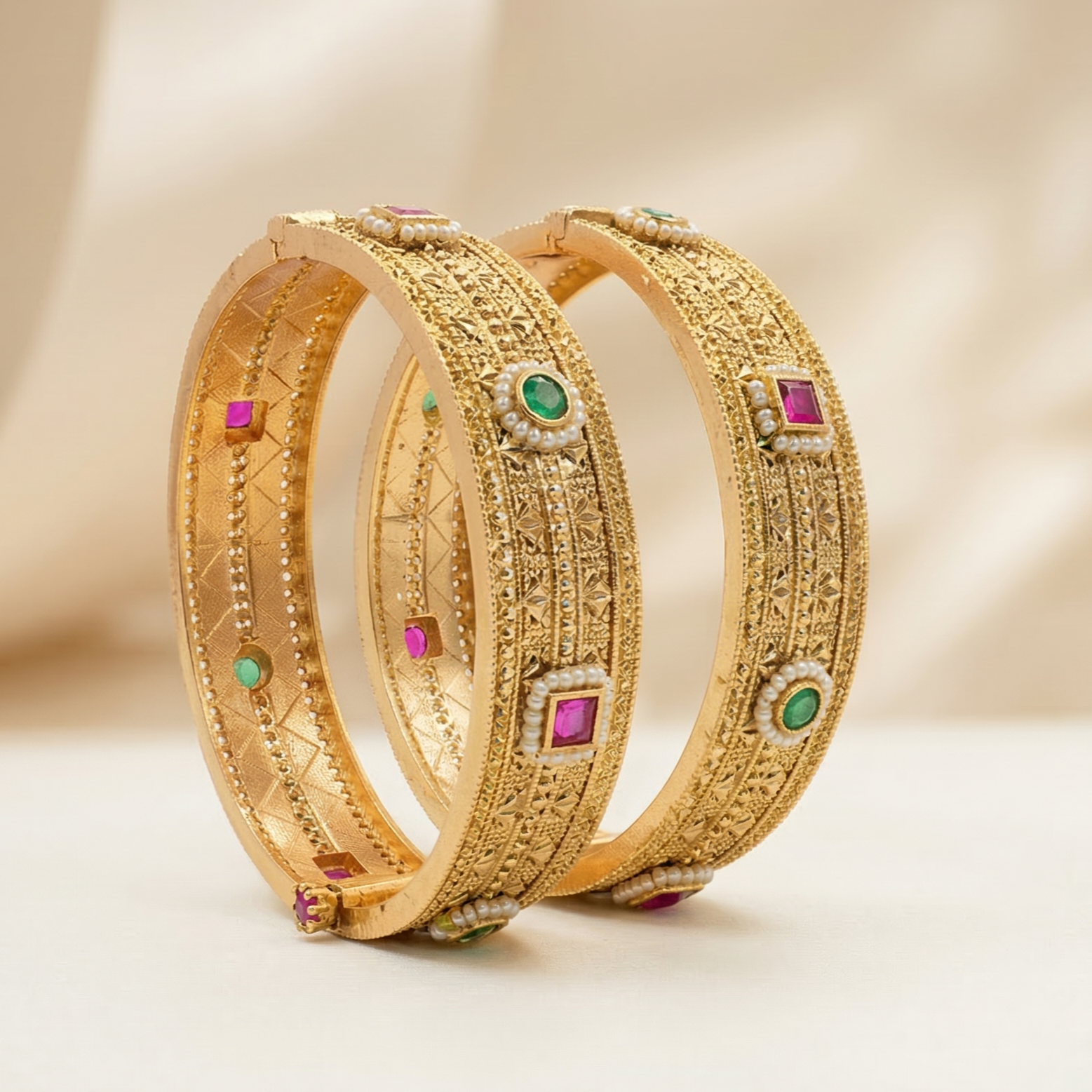 Traditional Indian Gold Tone Filigree Bangles Pair – Pearl & Multicolor Stone Ethnic Wedding Jewelry