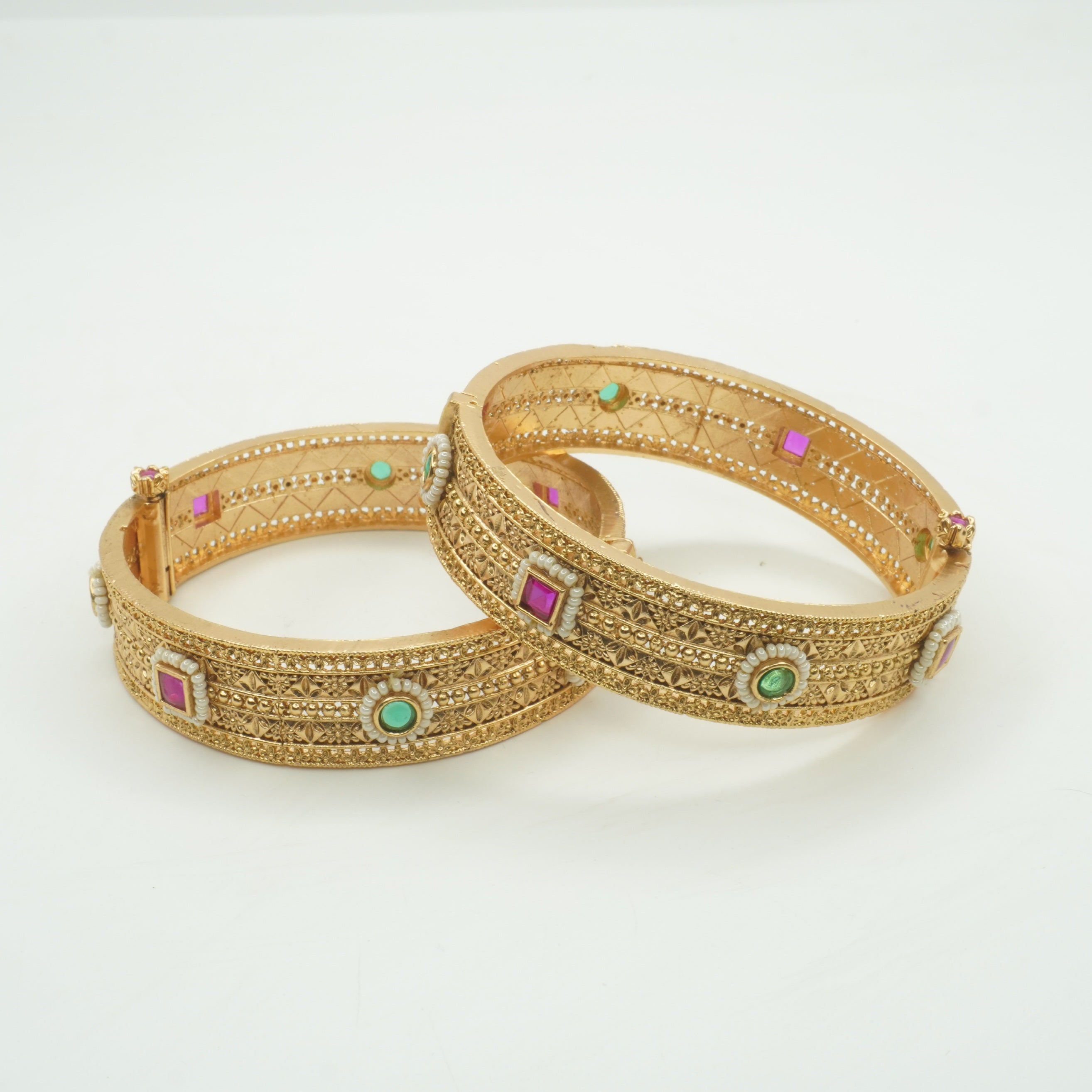 Traditional Indian Gold Tone Filigree Bangles Pair – Pearl & Multicolor Stone Ethnic Wedding Jewelry