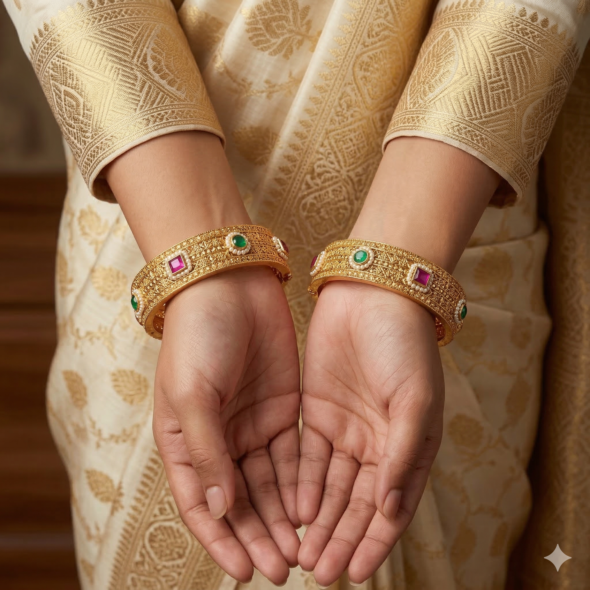 Traditional Indian Gold Tone Filigree Bangles Pair – Pearl & Multicolor Stone Ethnic Wedding Jewelry