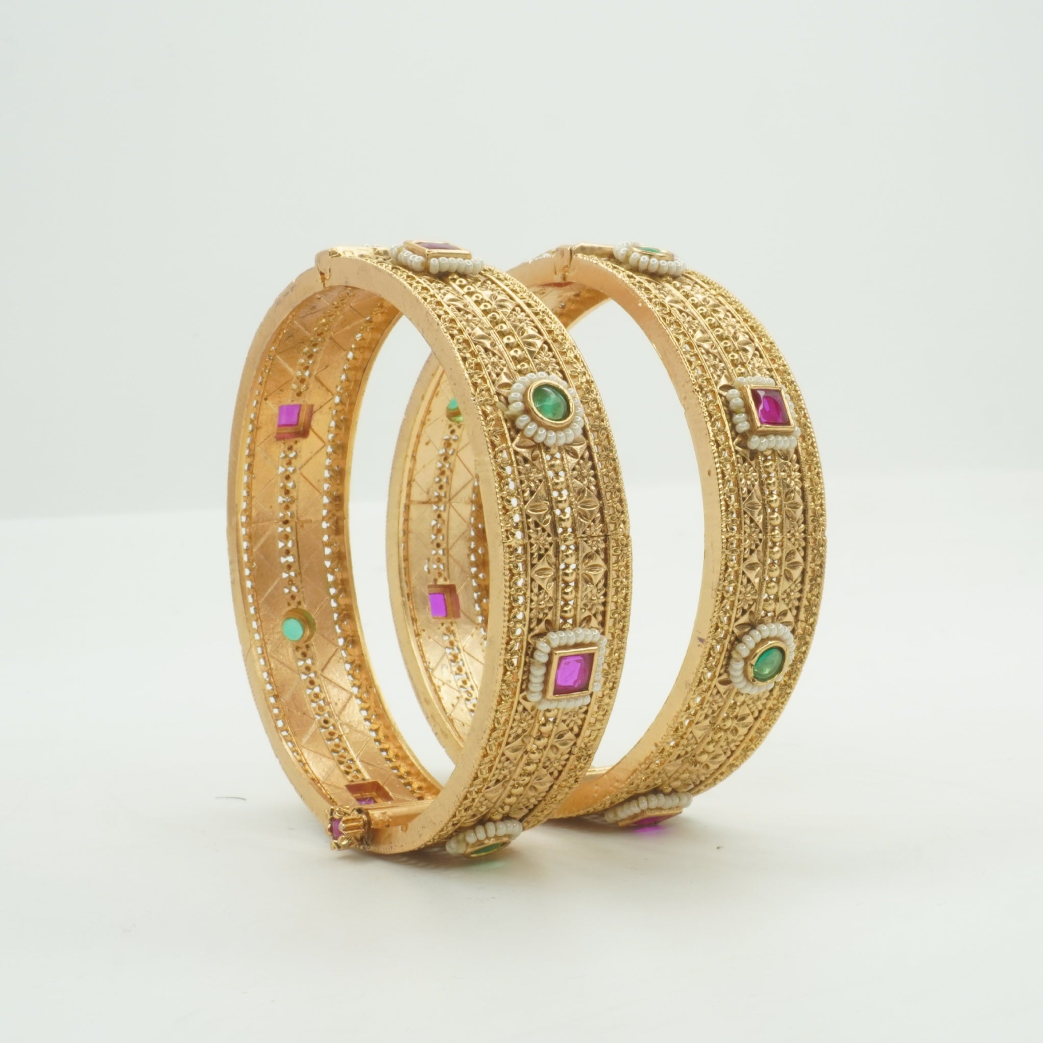 Traditional Indian Gold Tone Filigree Bangles Pair – Pearl & Multicolor Stone Ethnic Wedding Jewelry