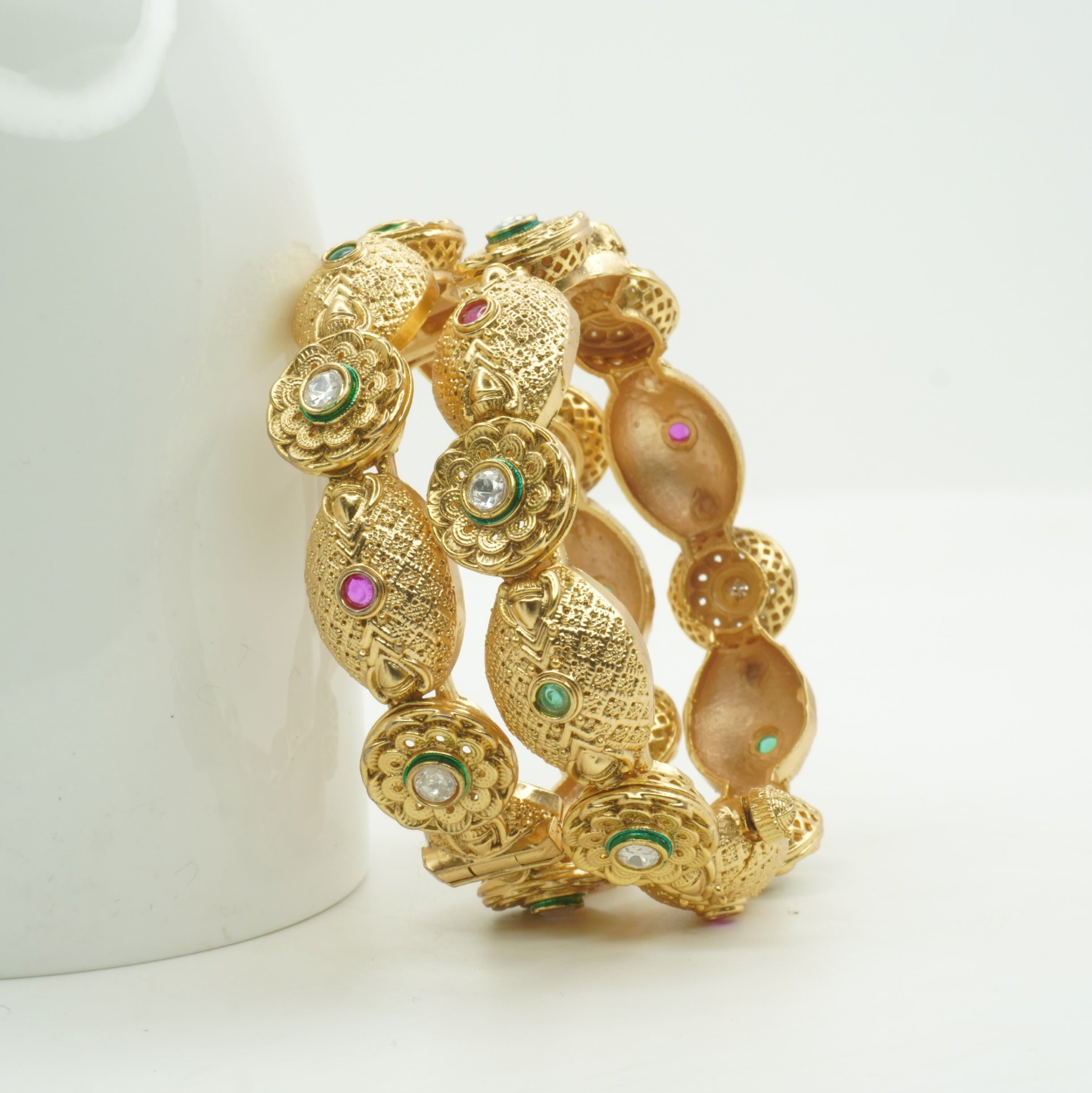 Designer Gold Tone Multicolor Stone Bangles for Women - Wedding Party Wear Traditional Kangan Pair
