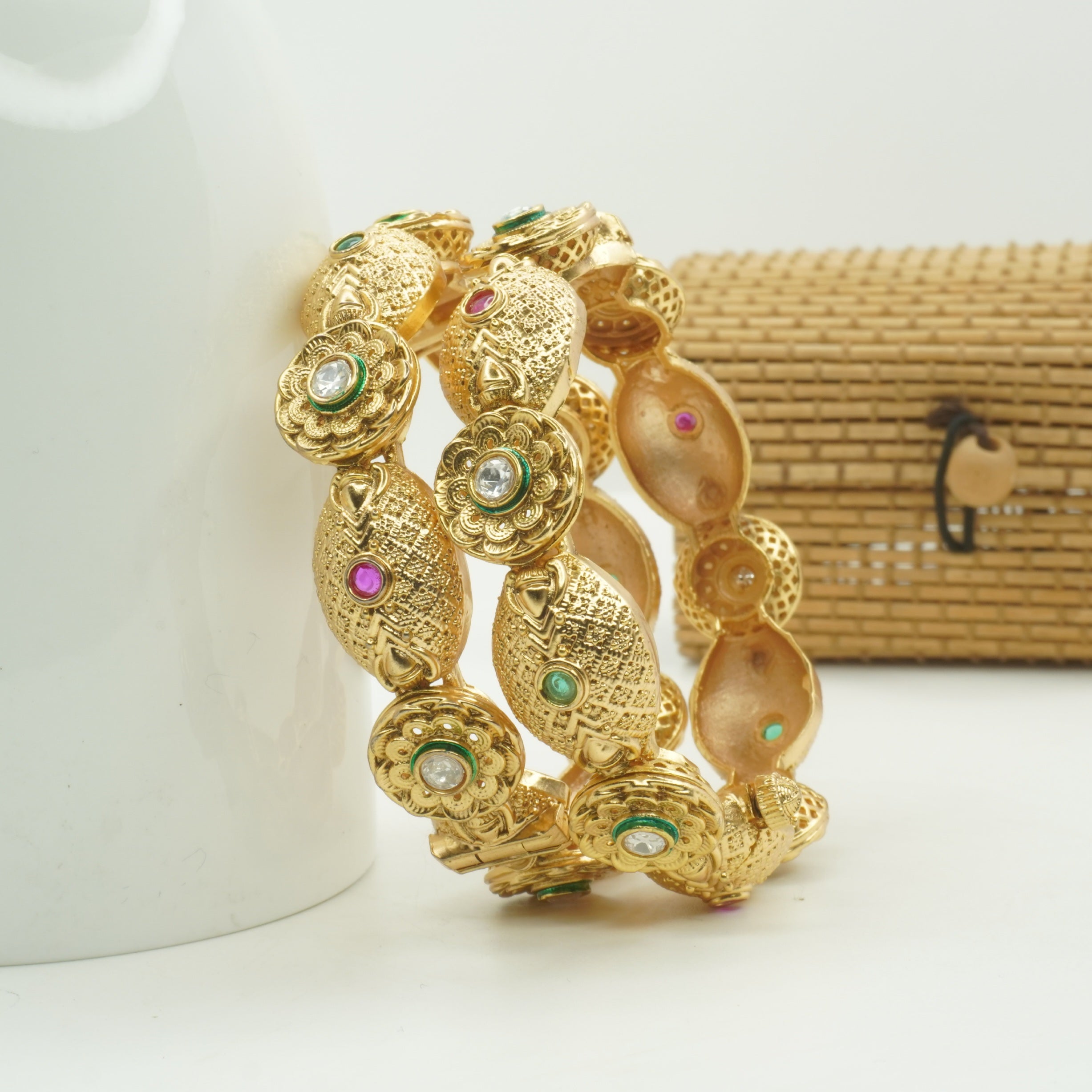 Designer Gold Tone Multicolor Stone Bangles for Women - Wedding Party Wear Traditional Kangan Pair