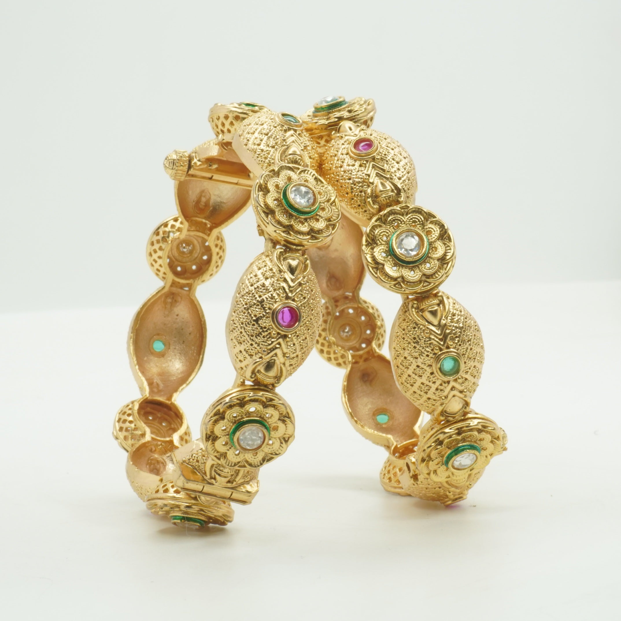 Designer Gold Tone Multicolor Stone Bangles for Women - Wedding Party Wear Traditional Kangan Pair
