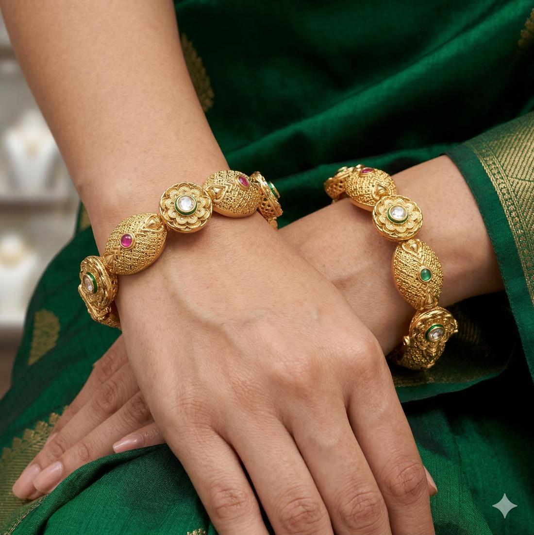 Designer Gold Tone Multicolor Stone Bangles for Women - Wedding Party Wear Traditional Kangan Pair