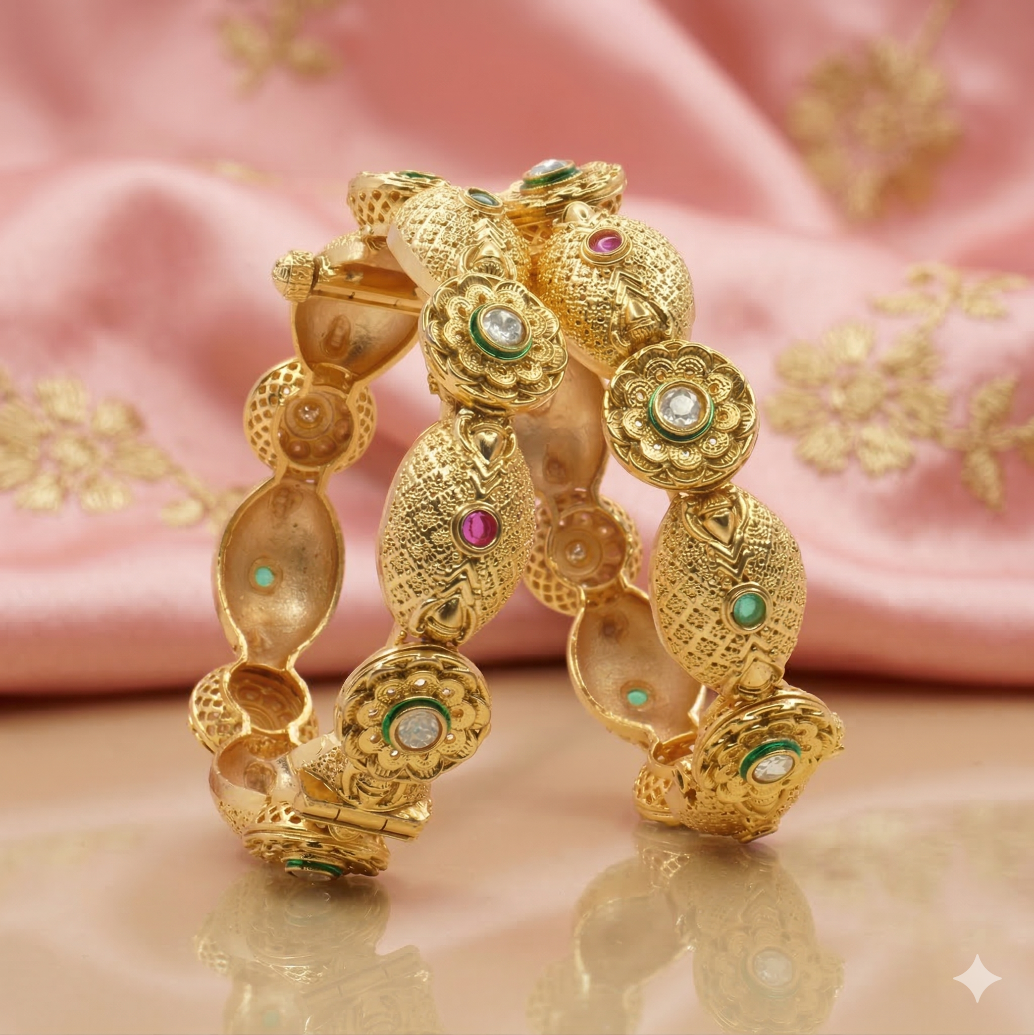 Designer Gold Tone Multicolor Stone Bangles for Women - Wedding Party Wear Traditional Kangan Pair