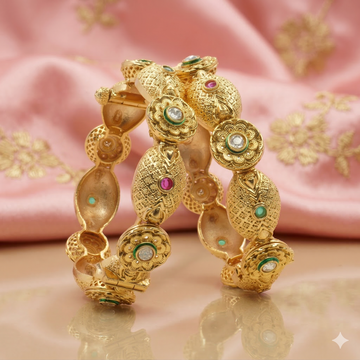 Designer Gold Tone Multicolor Stone Bangles for Women - Wedding Party Wear Traditional Kangan Pair