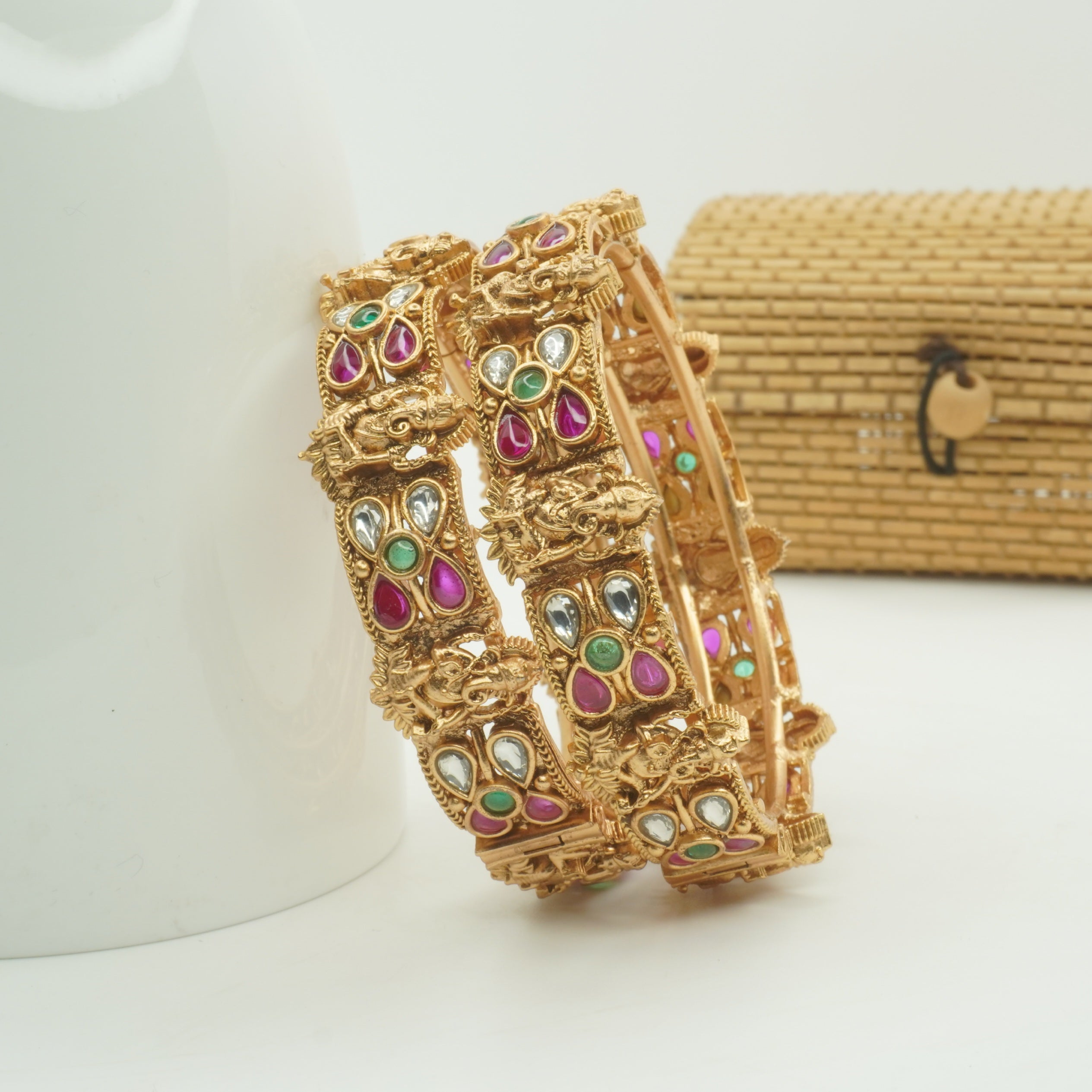Bridal Temple Elephant Kundan Kangan Bangles Pair Gold Plated Traditional Wedding Jewellery