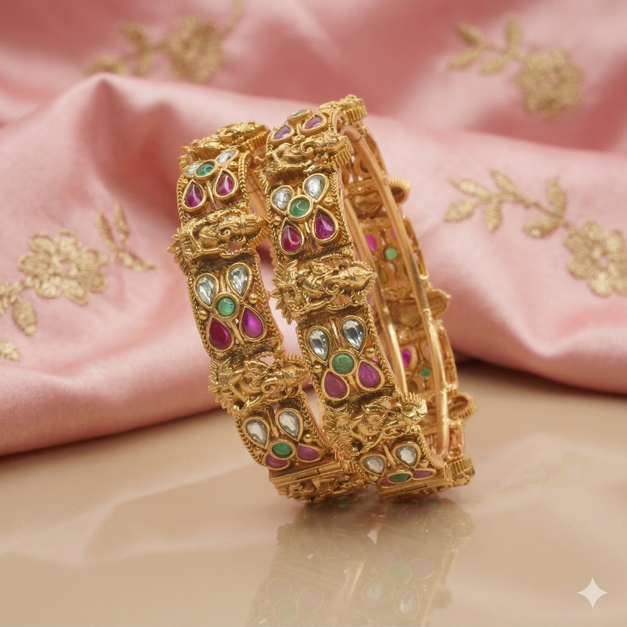 Bridal Temple Elephant Kundan Kangan Bangles Pair Gold Plated Traditional Wedding Jewellery