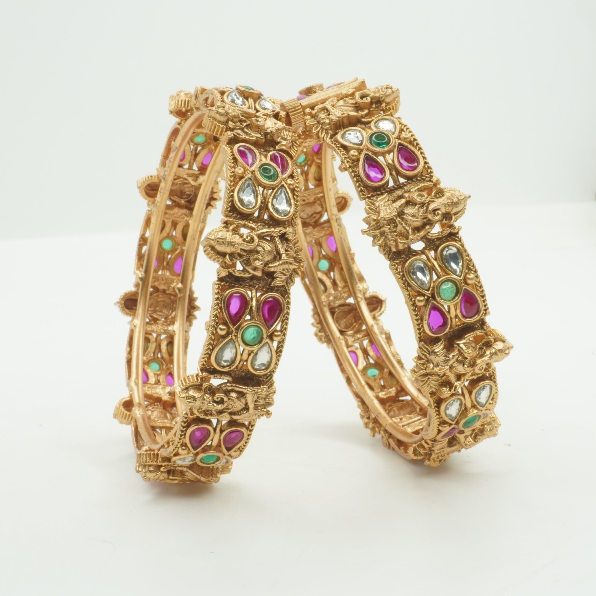 Bridal Temple Elephant Kundan Kangan Bangles Pair Gold Plated Traditional Wedding Jewellery