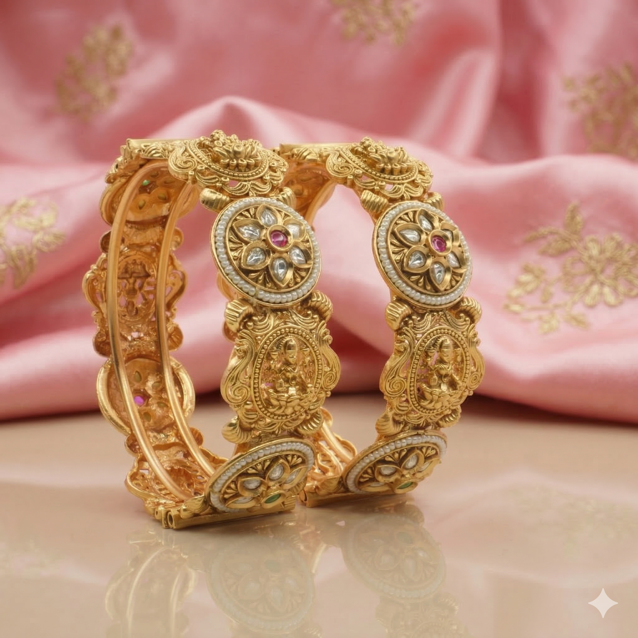 Gold Plated Temple Kundan Bangles for Women – Goddess Lakshmi Pearl Bridal Wedding Kangan
