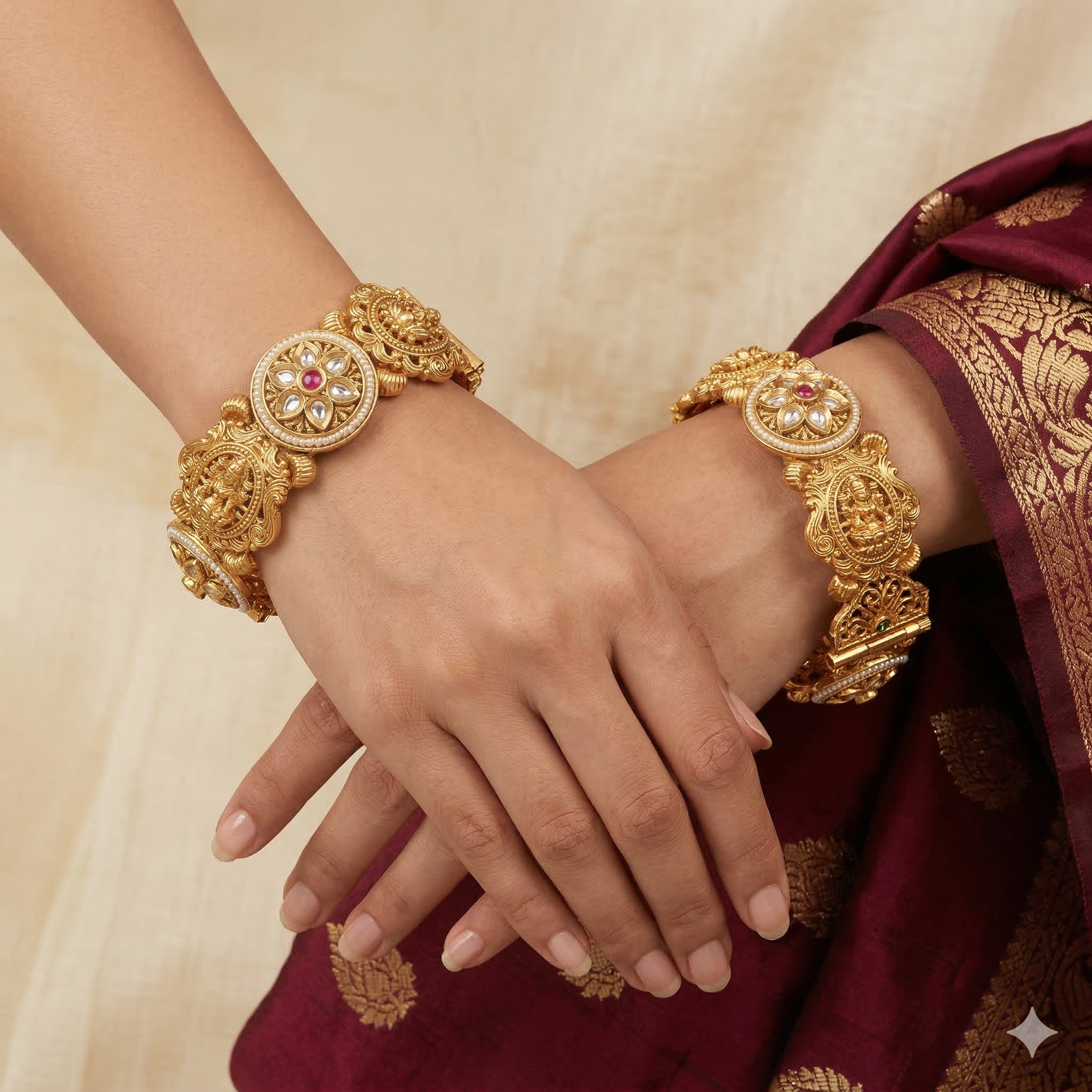 Gold Plated Temple Kundan Bangles for Women – Goddess Lakshmi Pearl Bridal Wedding Kangan
