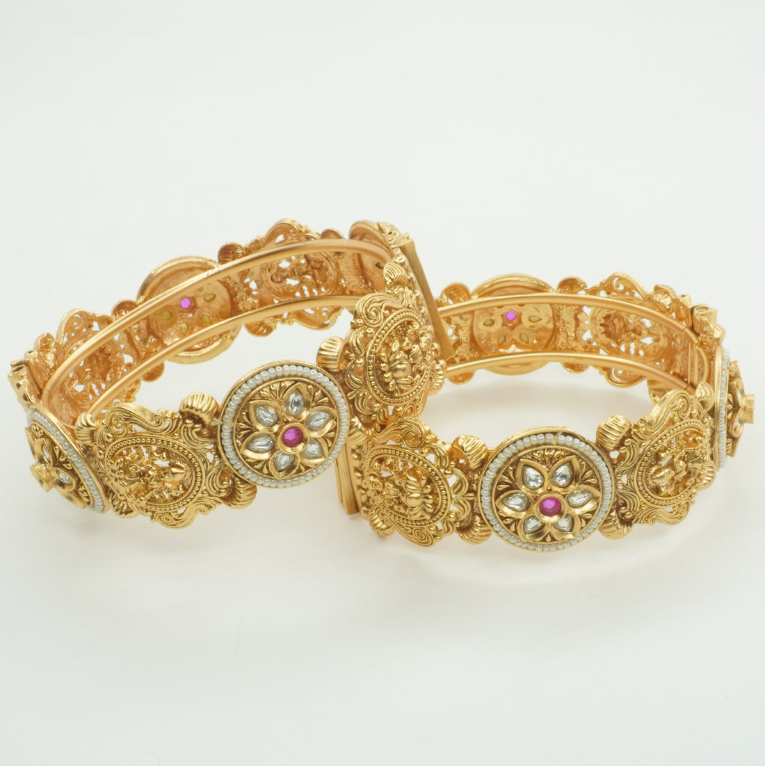 Gold Plated Temple Kundan Bangles for Women – Goddess Lakshmi Pearl Bridal Wedding Kangan