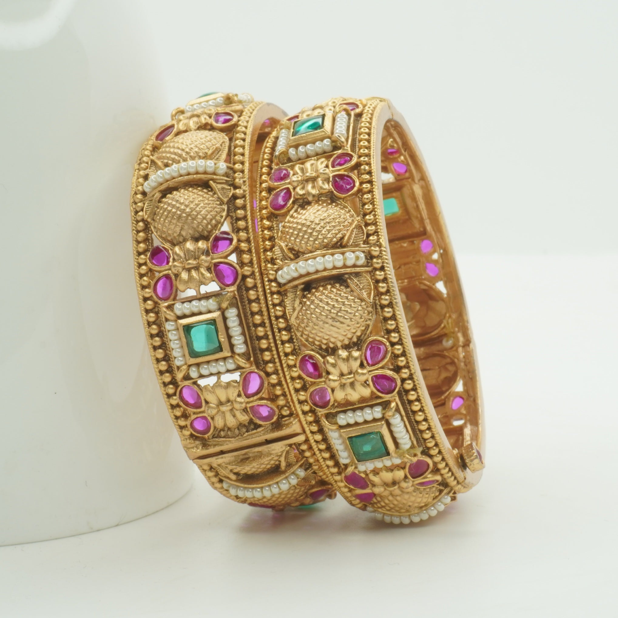 Gold Plated Ruby Green Stone Pearl Kangan Bangles Pair for Women – Traditional Bridal Wedding Jewelry