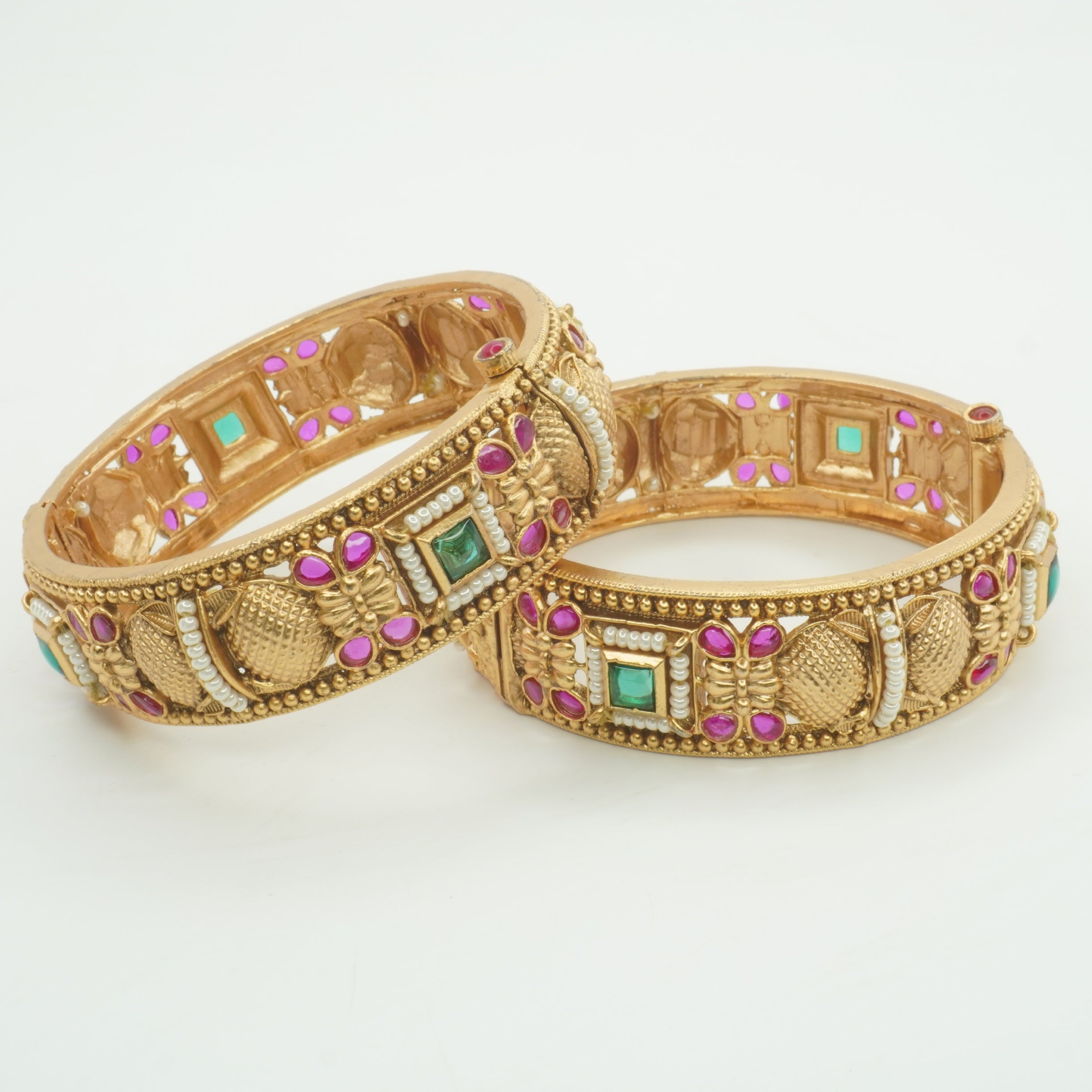 Gold Plated Ruby Green Stone Pearl Kangan Bangles Pair for Women – Traditional Bridal Wedding Jewelry