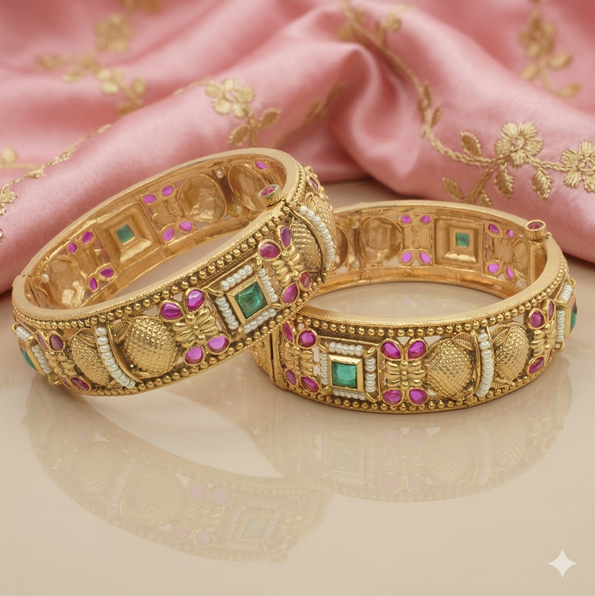 Gold Plated Ruby Green Stone Pearl Kangan Bangles Pair for Women – Traditional Bridal Wedding Jewelry