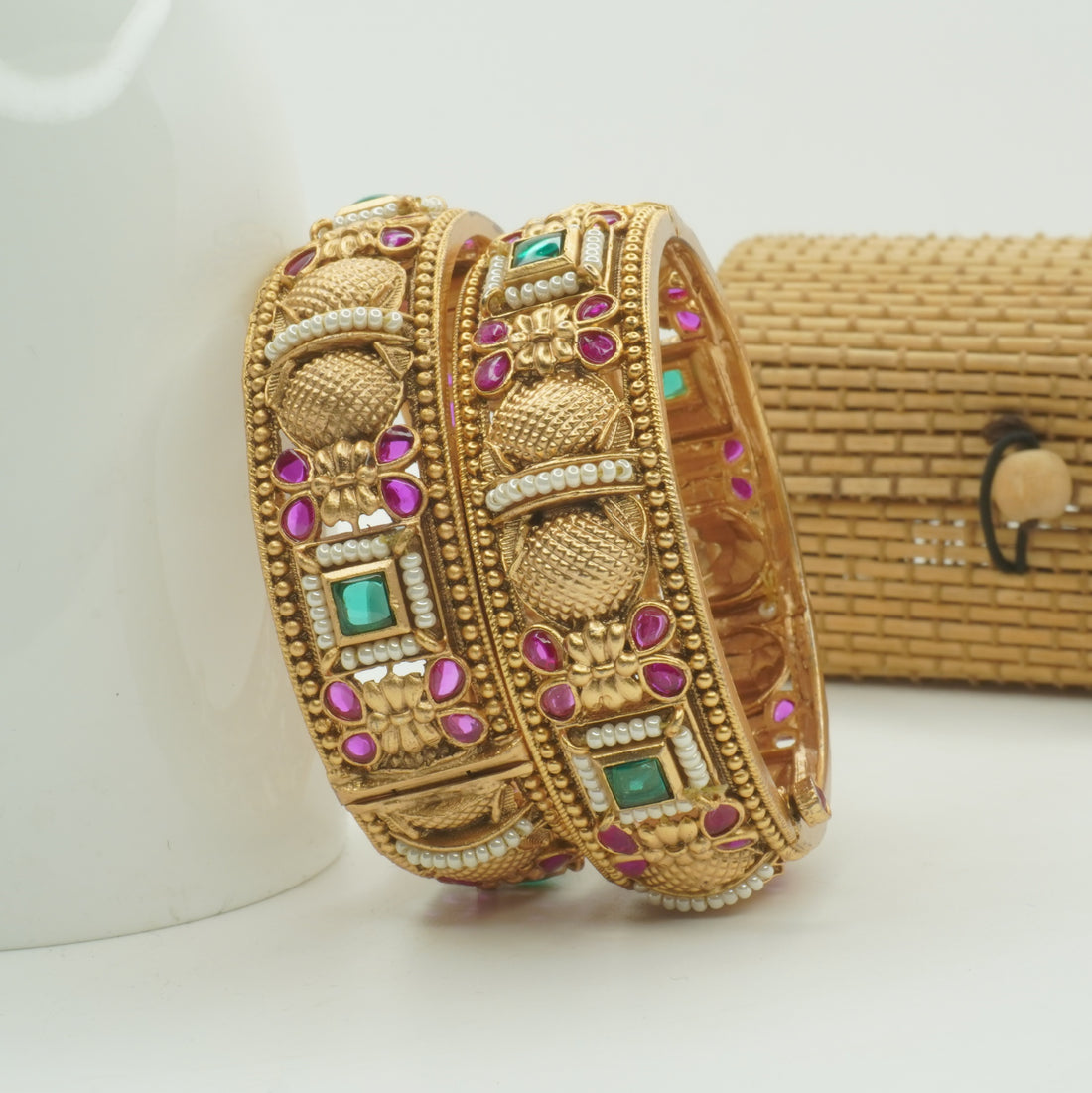 Gold Plated Ruby Green Stone Pearl Kangan Bangles Pair for Women – Traditional Bridal Wedding Jewelry