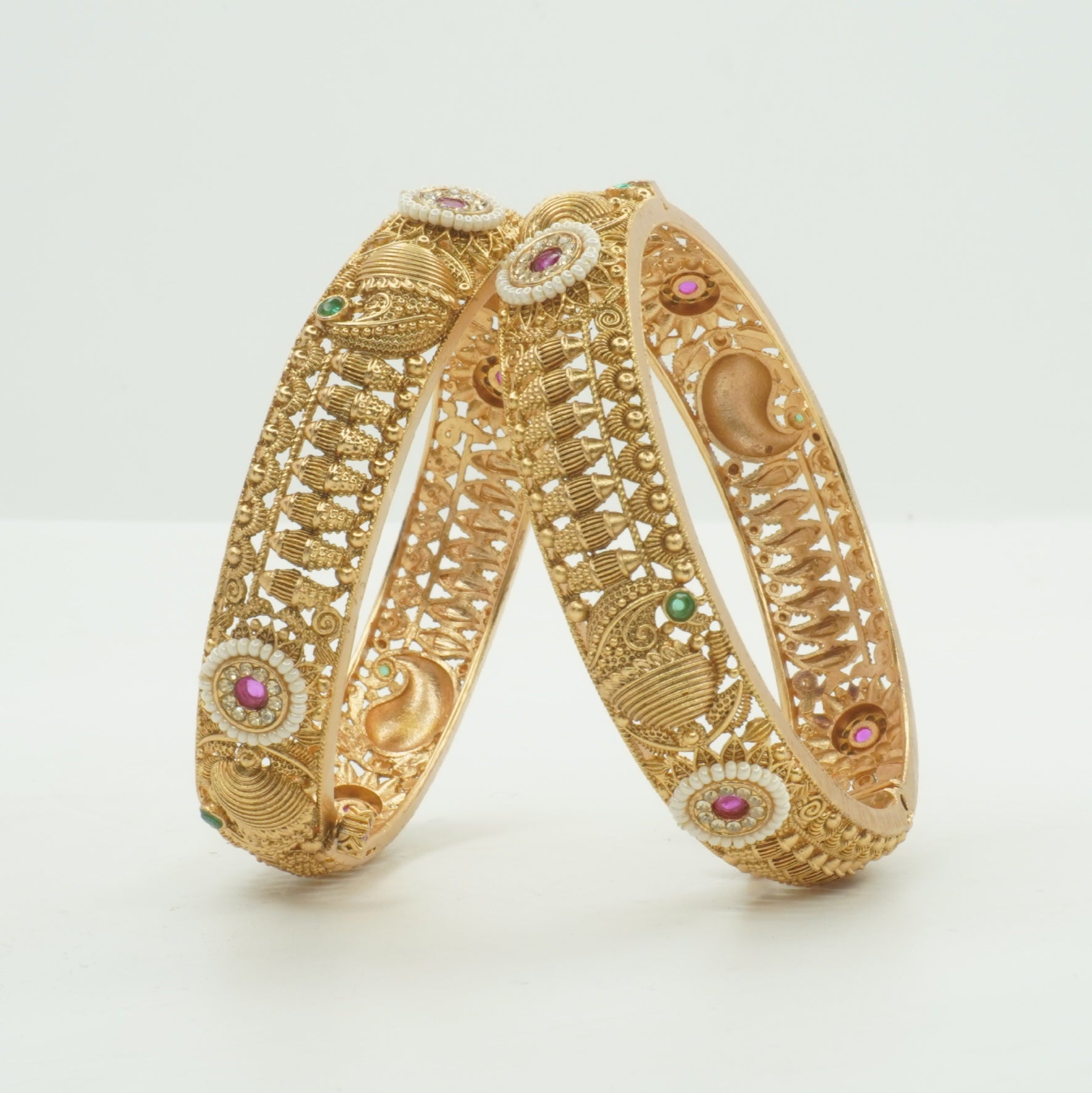 Designer Bridal Gold Plated Pearl Ruby Emerald Kangan Bangles Pair for Wedding Traditional Jewellery