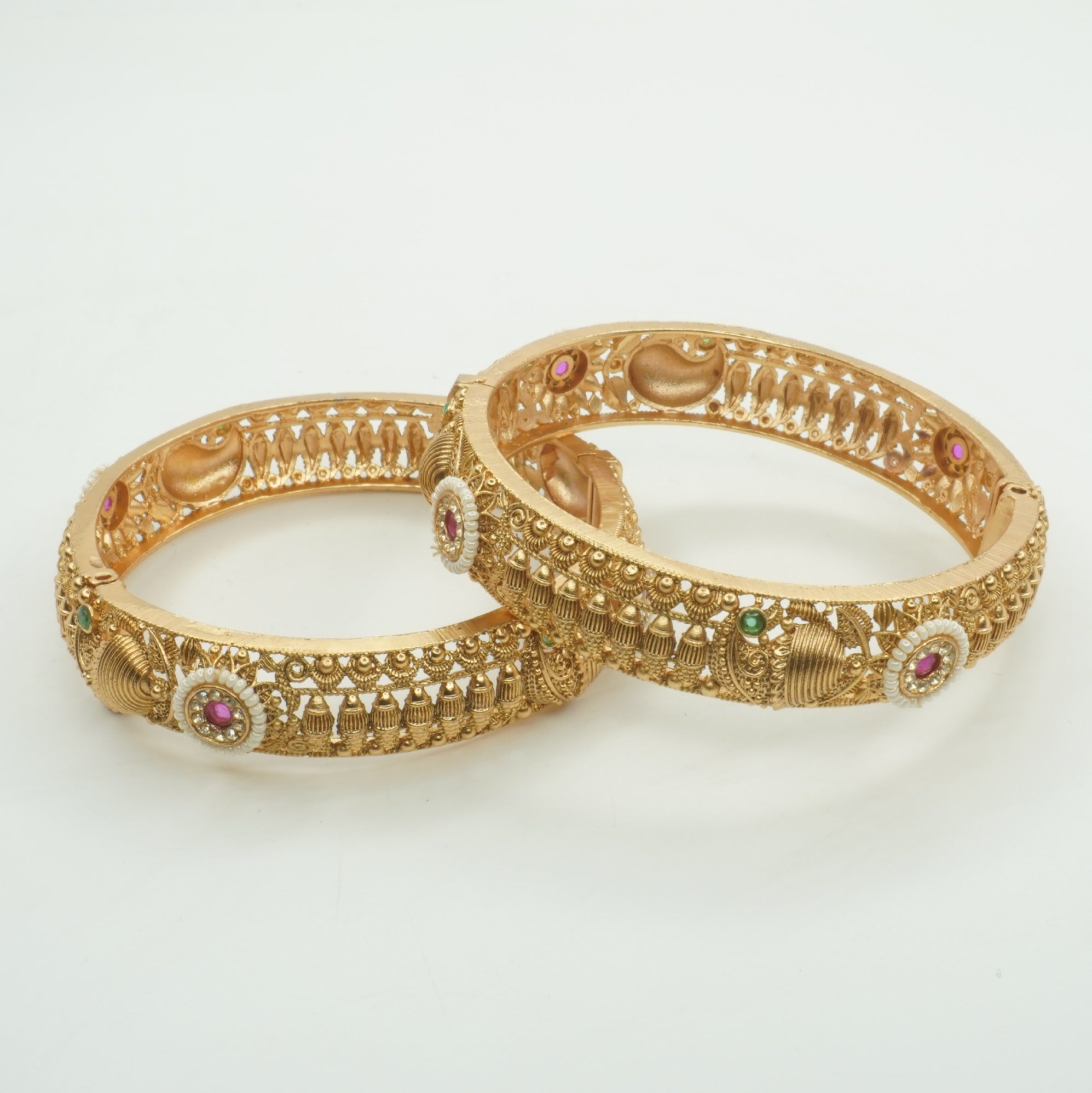 Designer Bridal Gold Plated Pearl Ruby Emerald Kangan Bangles Pair for Wedding Traditional Jewellery