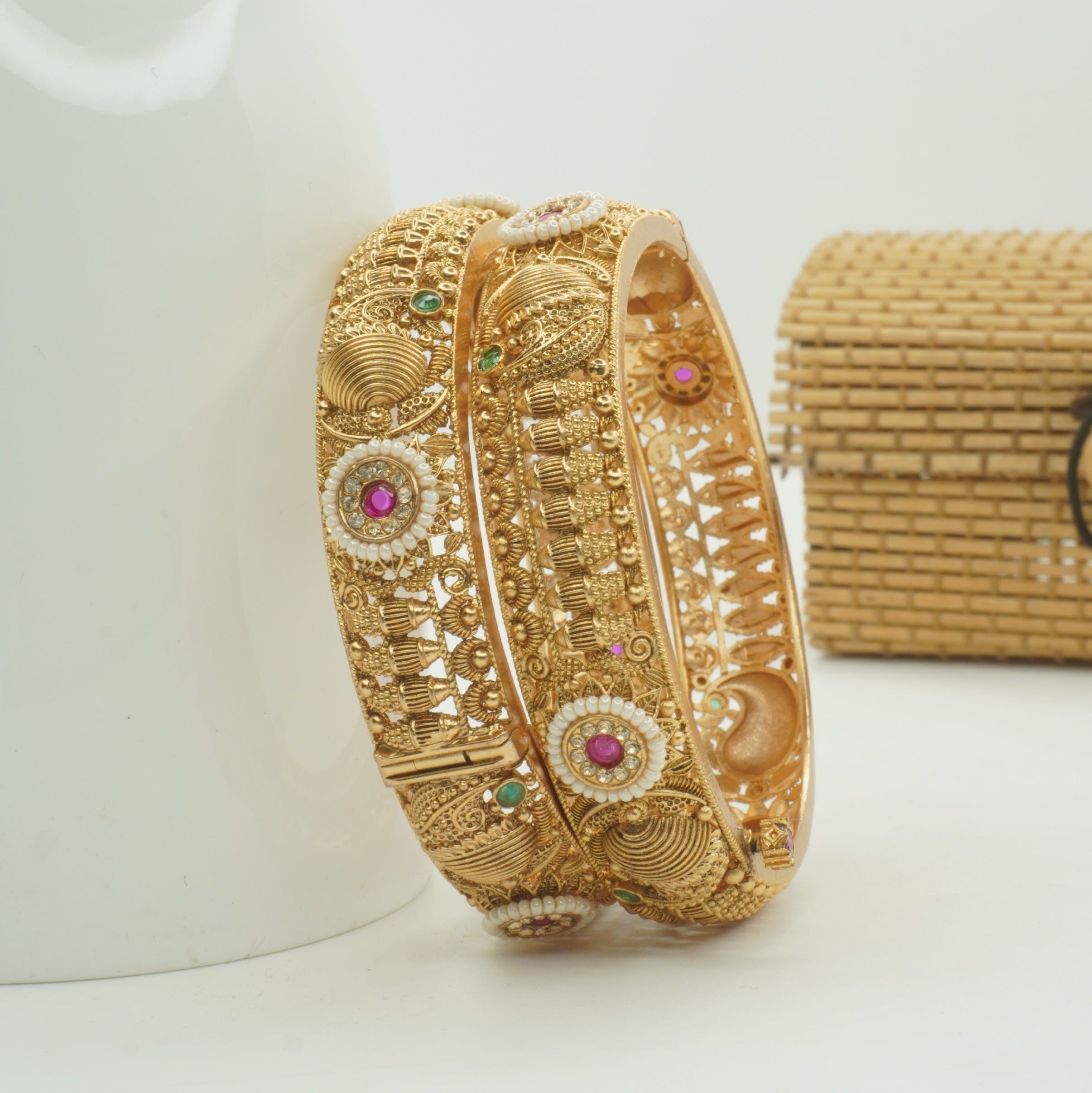 Designer Bridal Gold Plated Pearl Ruby Emerald Kangan Bangles Pair for Wedding Traditional Jewellery