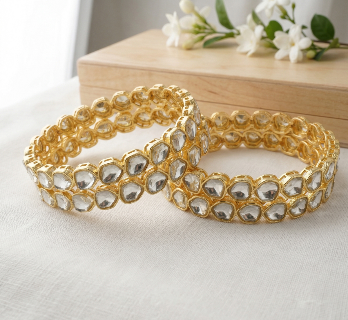 Gold-Plated Polki Kundan Bangles Set of 4 with White Stones – Traditional Bridal Wear