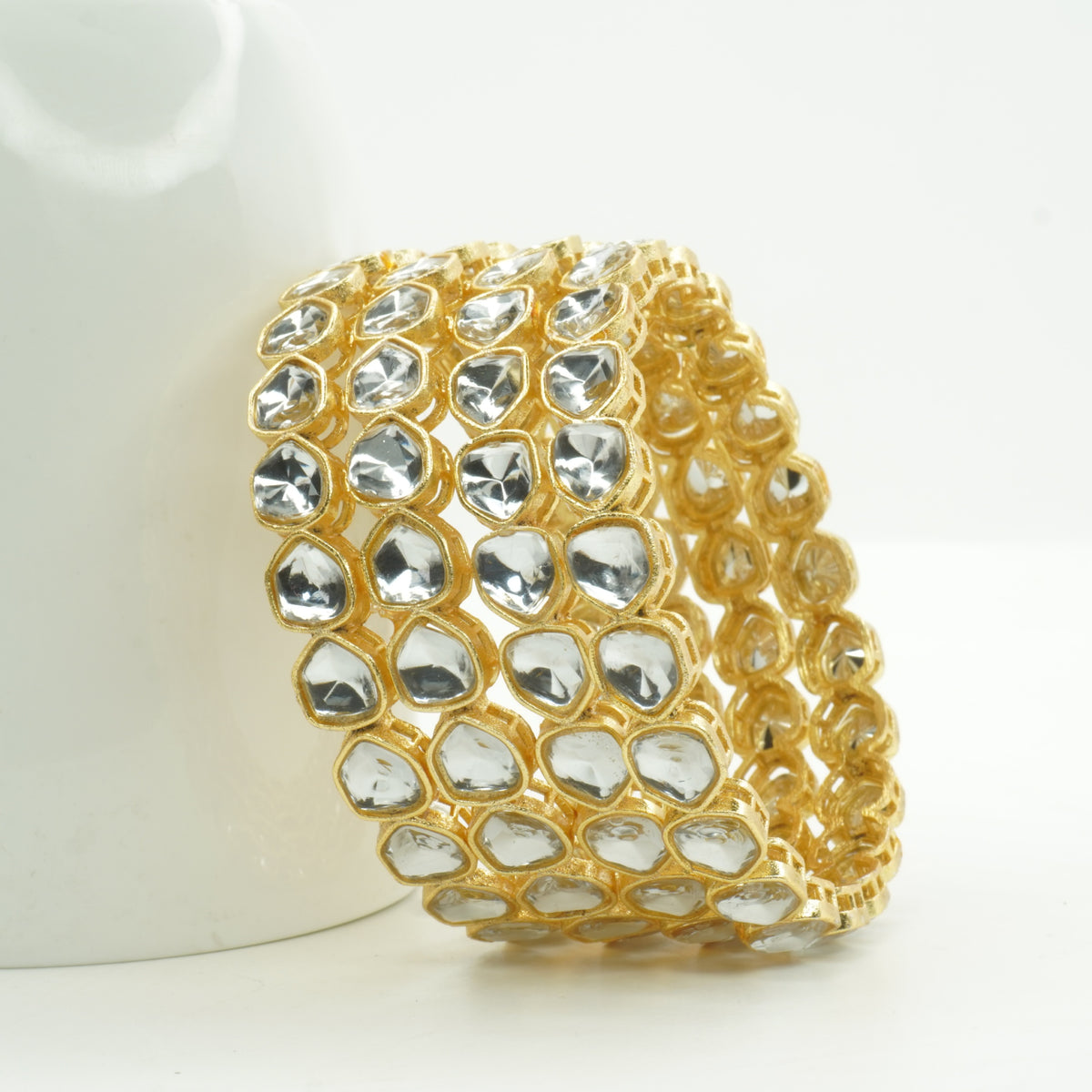 Gold-Plated Polki Kundan Bangles Set of 4 with White Stones – Traditional Bridal Wear