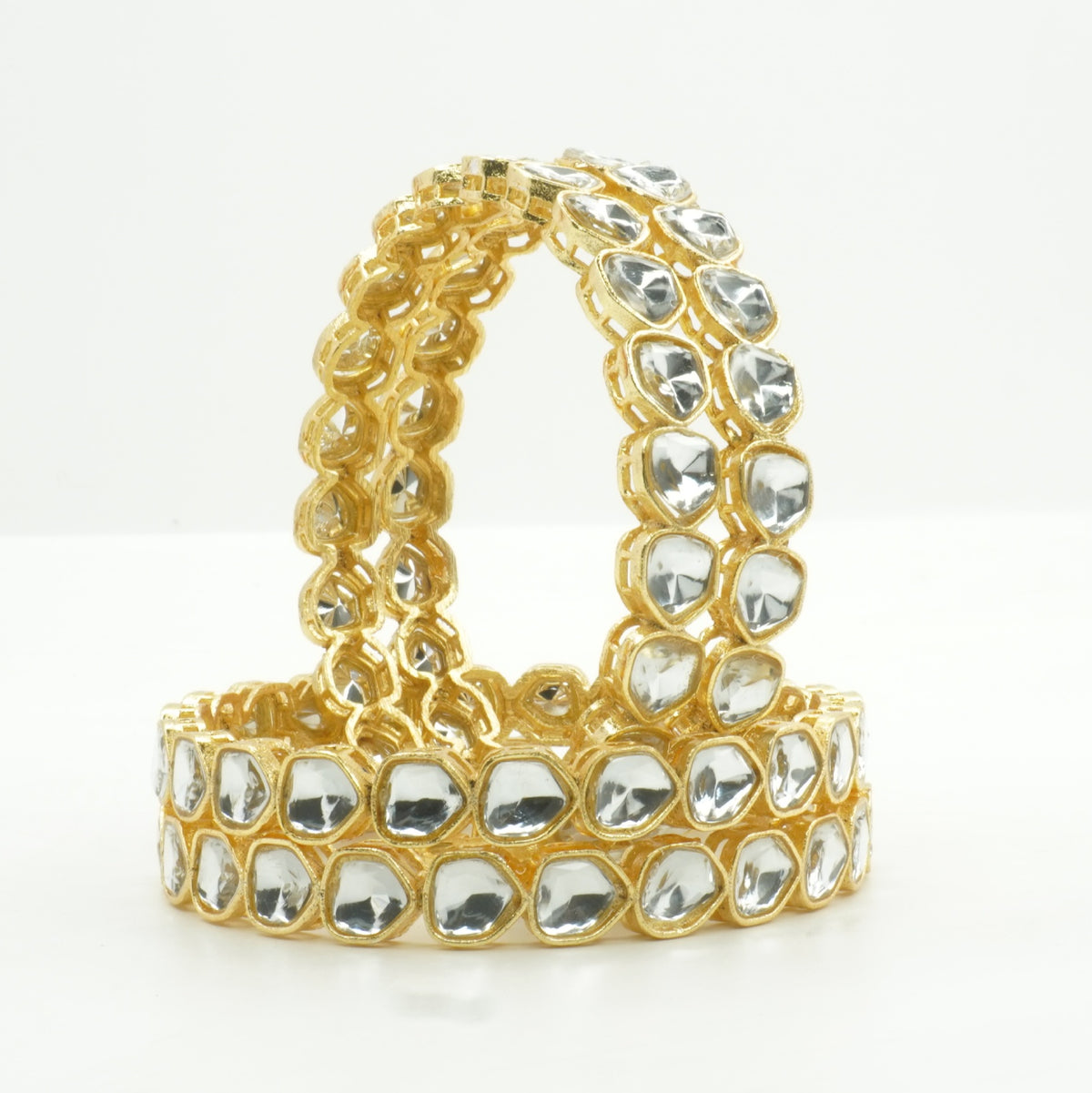 Gold-Plated Polki Kundan Bangles Set of 4 with White Stones – Traditional Bridal Wear