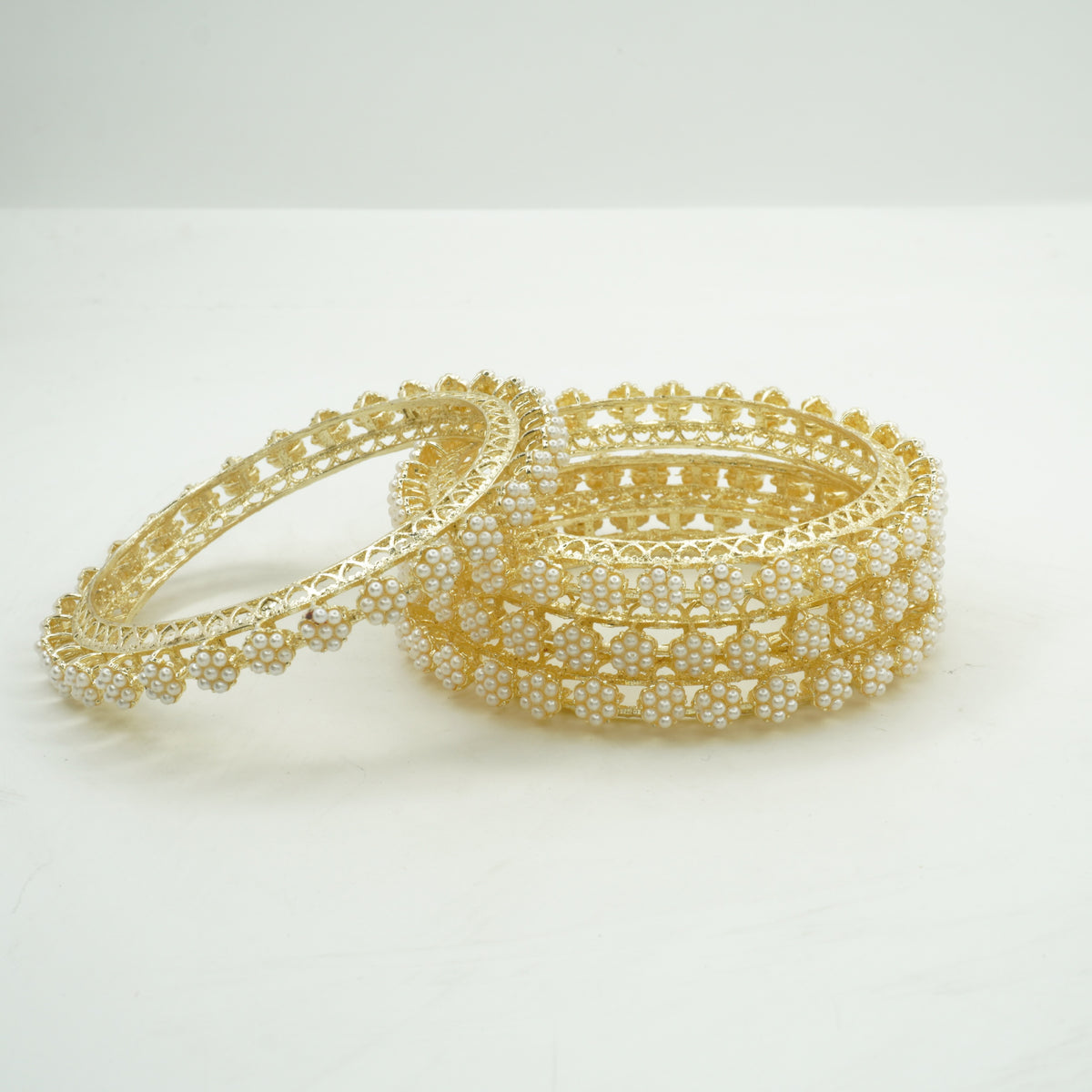 Gold-Plated Floral AD Stone Bangles Set of 4 – Filigree Jali Work Traditional Wedding Wear