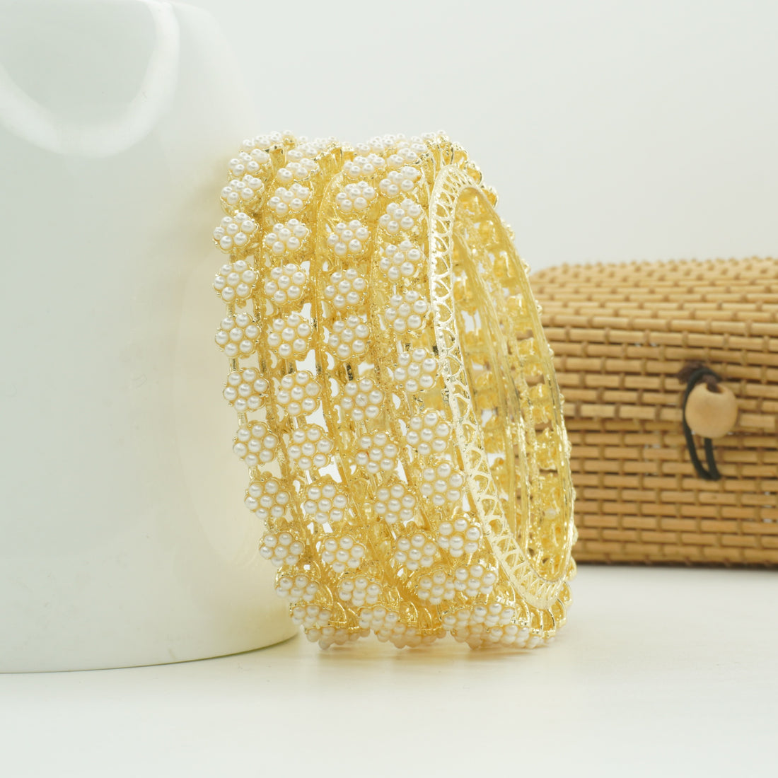 Gold-Plated Floral AD Stone Bangles Set of 4 – Filigree Jali Work Traditional Wedding Wear
