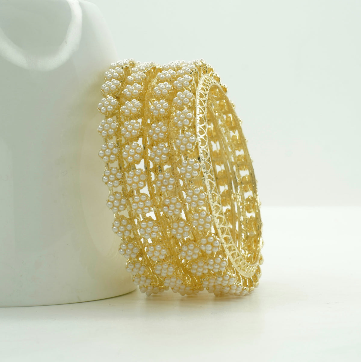Gold-Plated Floral AD Stone Bangles Set of 4 – Filigree Jali Work Traditional Wedding Wear