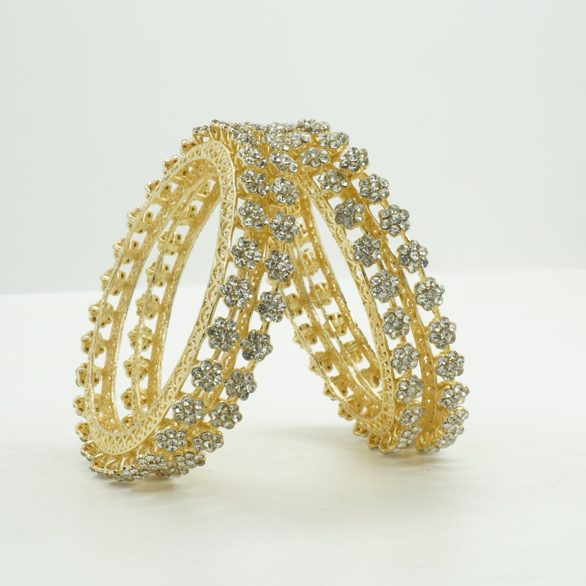 Gold-Plated Floral AD Stone Bangles Set of 4 – Filigree Jali Work Traditional Wedding Wear