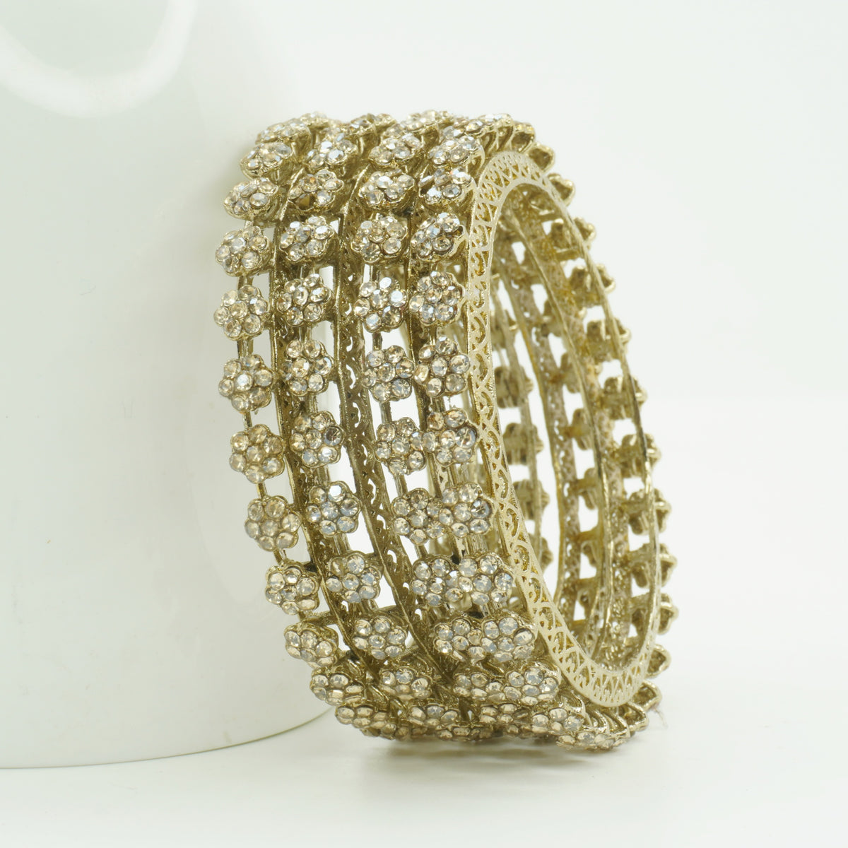 Mehndi-Plated Floral AD Stone Bangles Set of 4 – Filigree Jali Work Traditional Wedding Wear
