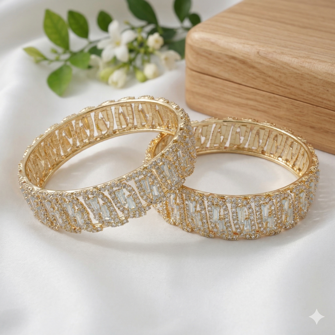Designer Bridal Gold Plated American Diamond Kangan Bangles Pair for Wedding & Reception