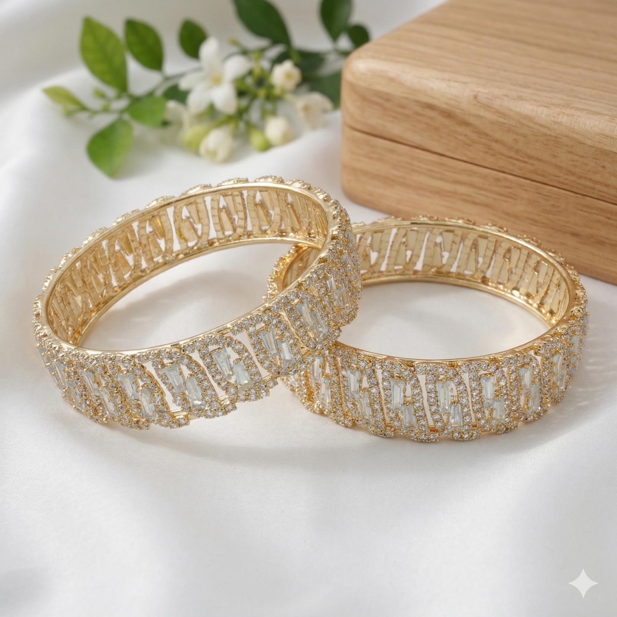 Designer Bridal Gold Plated American Diamond Kangan Bangles Pair for Wedding & Reception