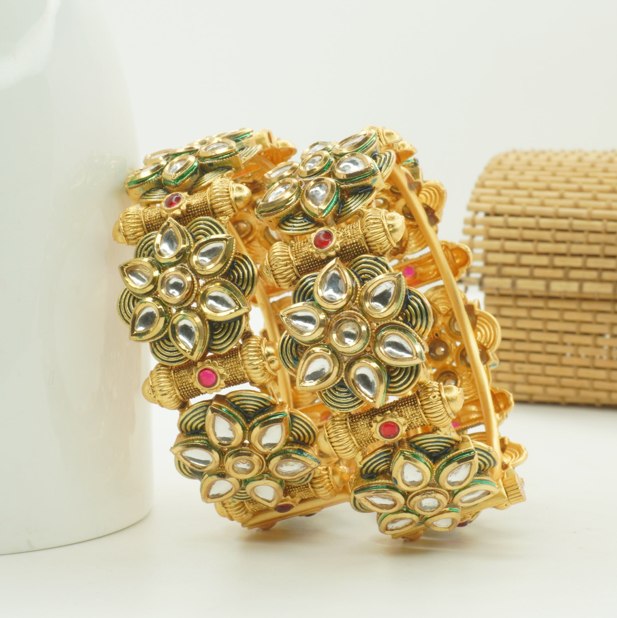 Traditional Punjabi Bridal Gold Plated Kundan Kangan Pair Designer Wedding Bangles for Women