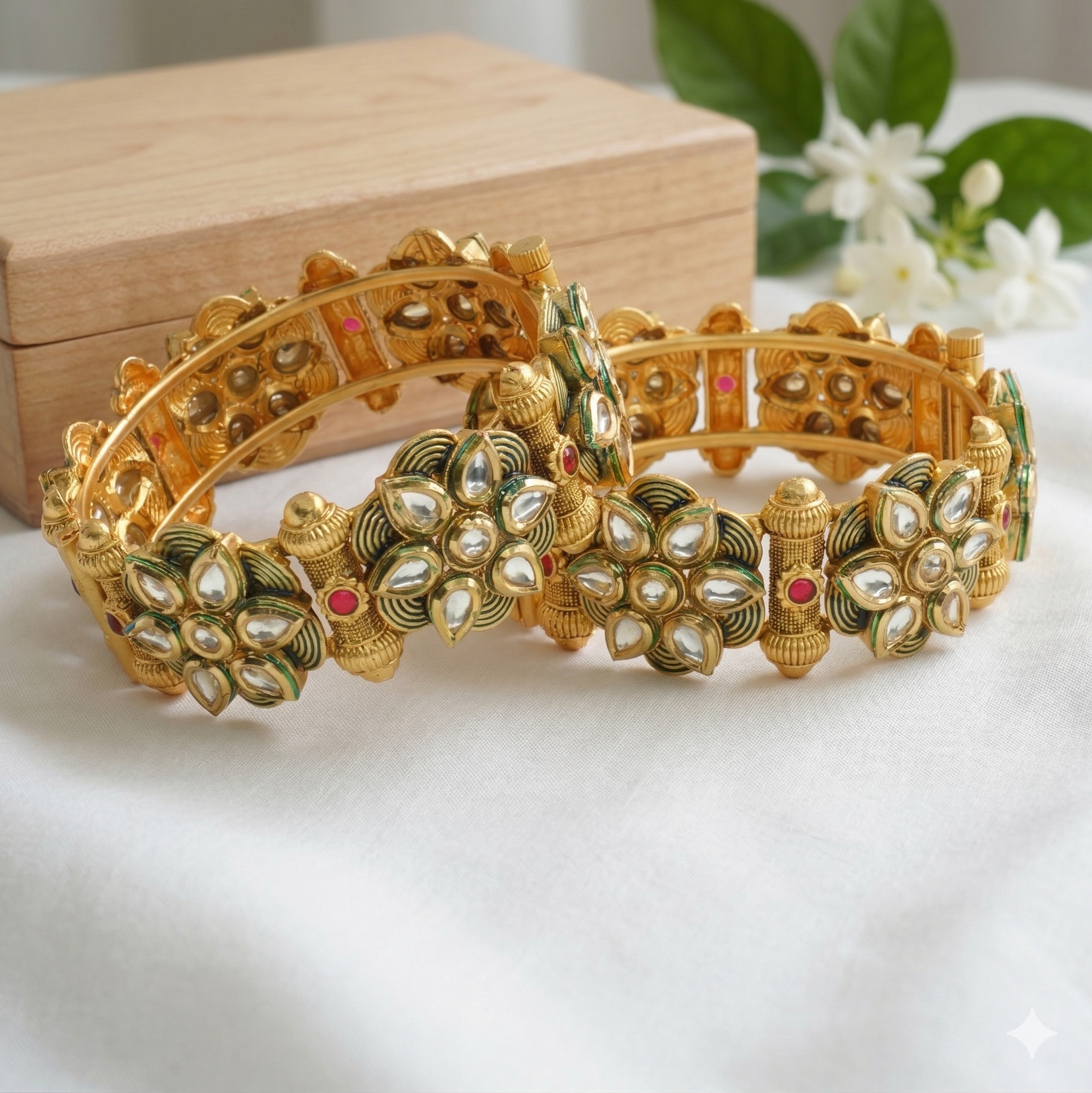 Traditional Punjabi Bridal Gold Plated Kundan Kangan Pair Designer Wedding Bangles for Women