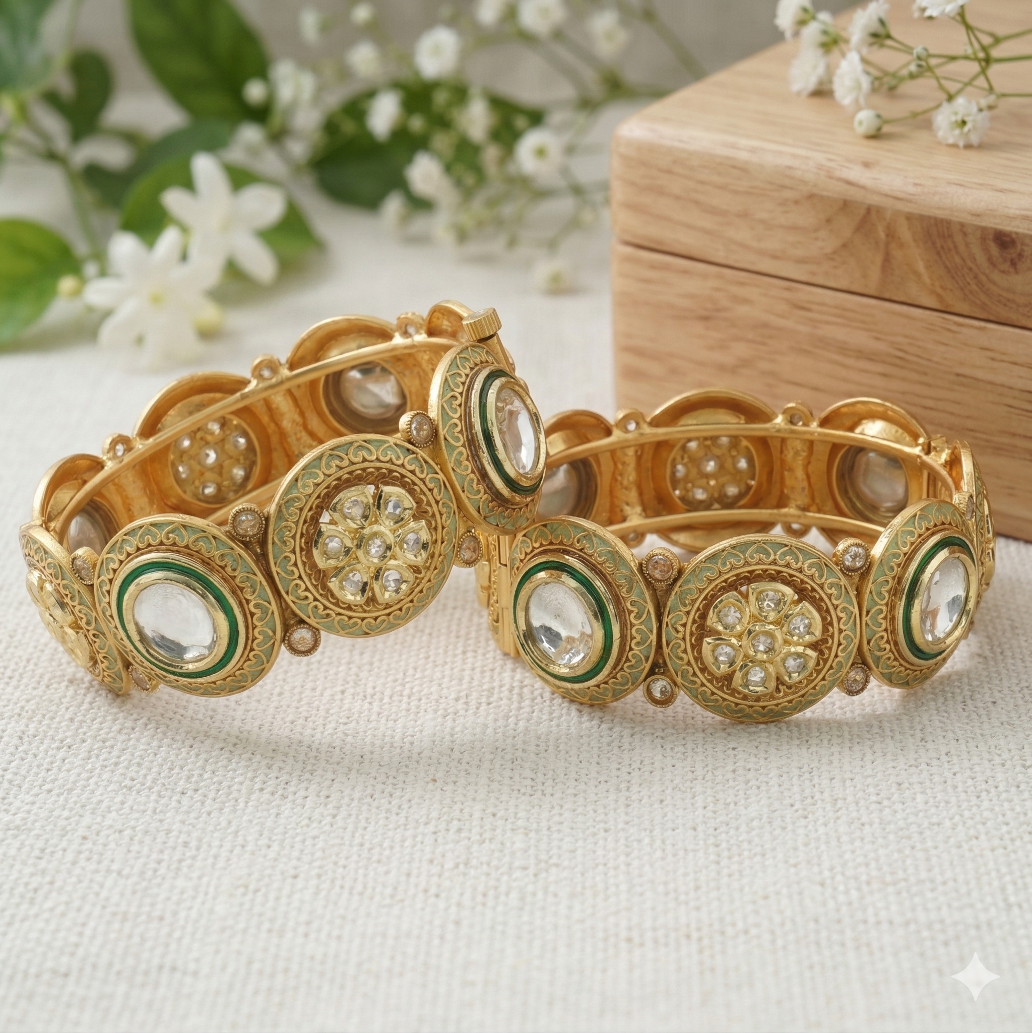 Handcrafted Indian Gold Plated Kundan Meenakari Bridal Bangles Pair Traditional Jewelry