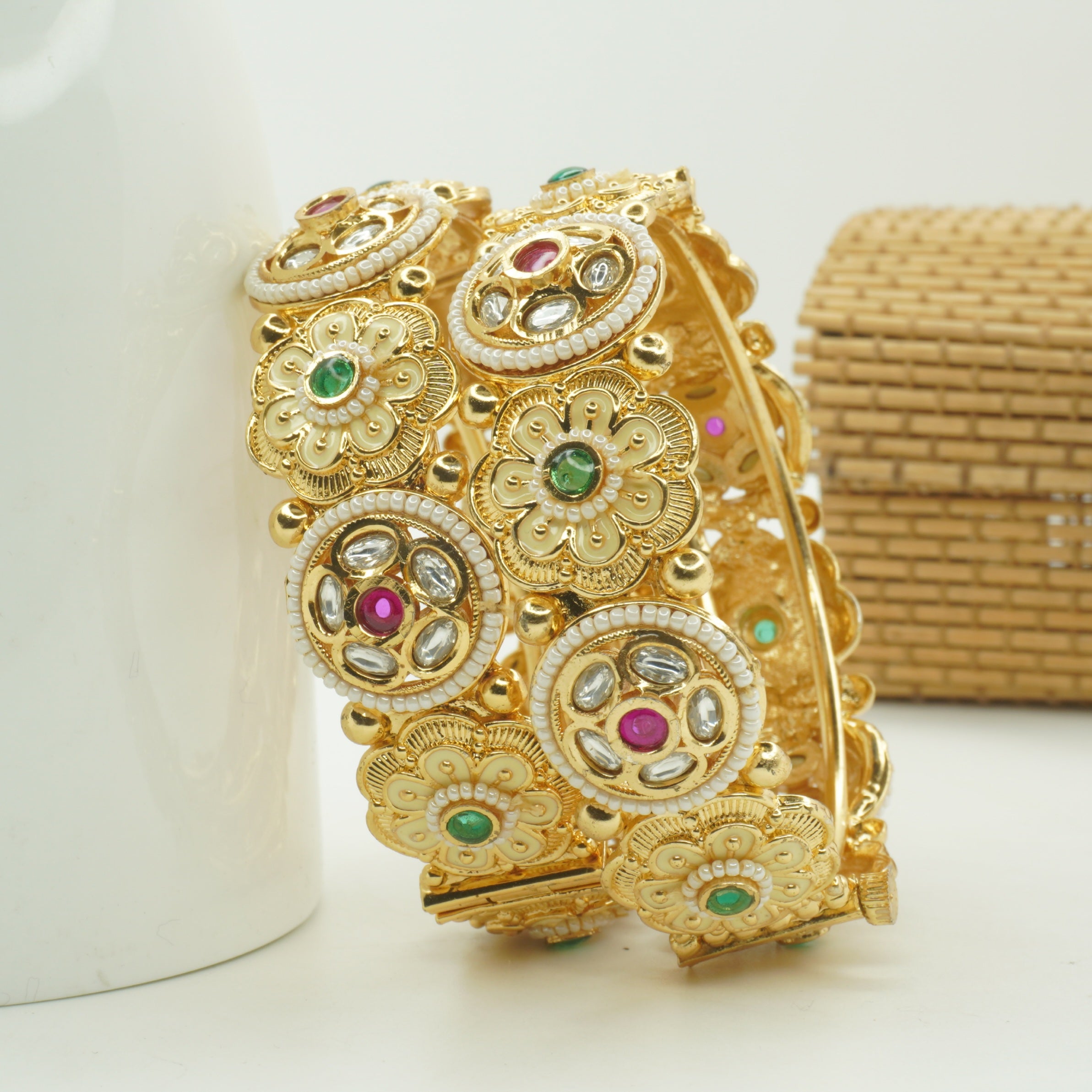 Gold Plated Kundan Floral Openable Bangles Pair for Women – Traditional Designer Bridal Wedding Ethnic Kangan Jewelry