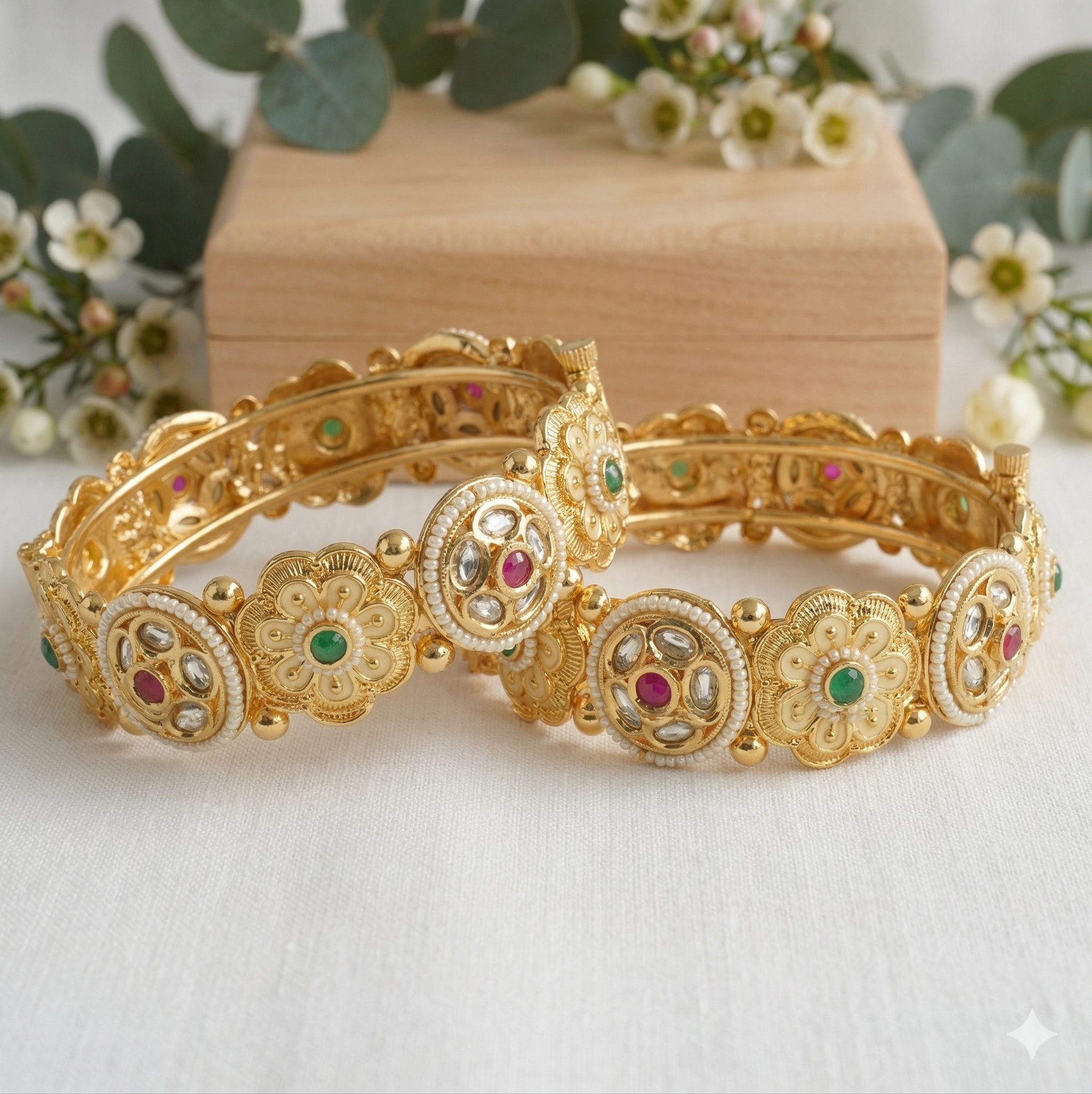 Gold Plated Kundan Floral Openable Bangles Pair for Women – Traditional Designer Bridal Wedding Ethnic Kangan Jewelry