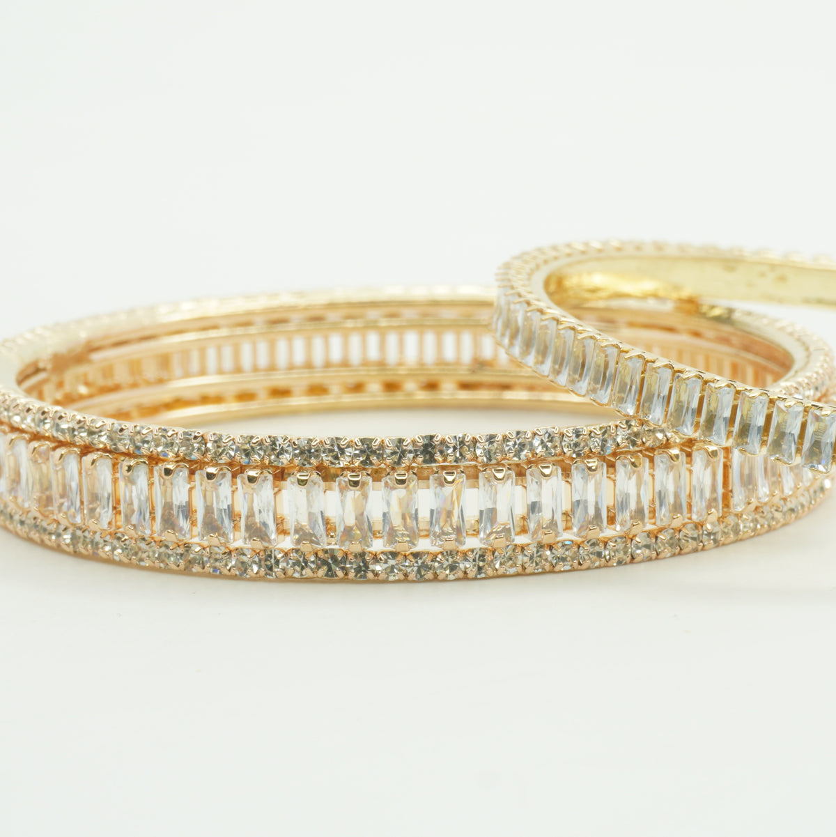 Gold-Plated Baguette AD Stone Bangles Set of  2 – Slim White Cubic Zirconia Party Wear
