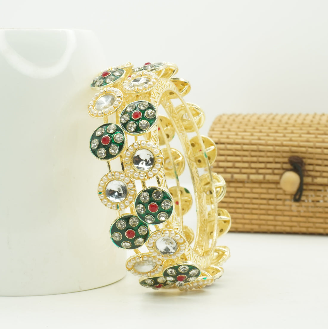 Gold Plated Designer Kundan Mirror Bangles Pair for Women Pearl Meenakari Bridal Wedding Party Wear