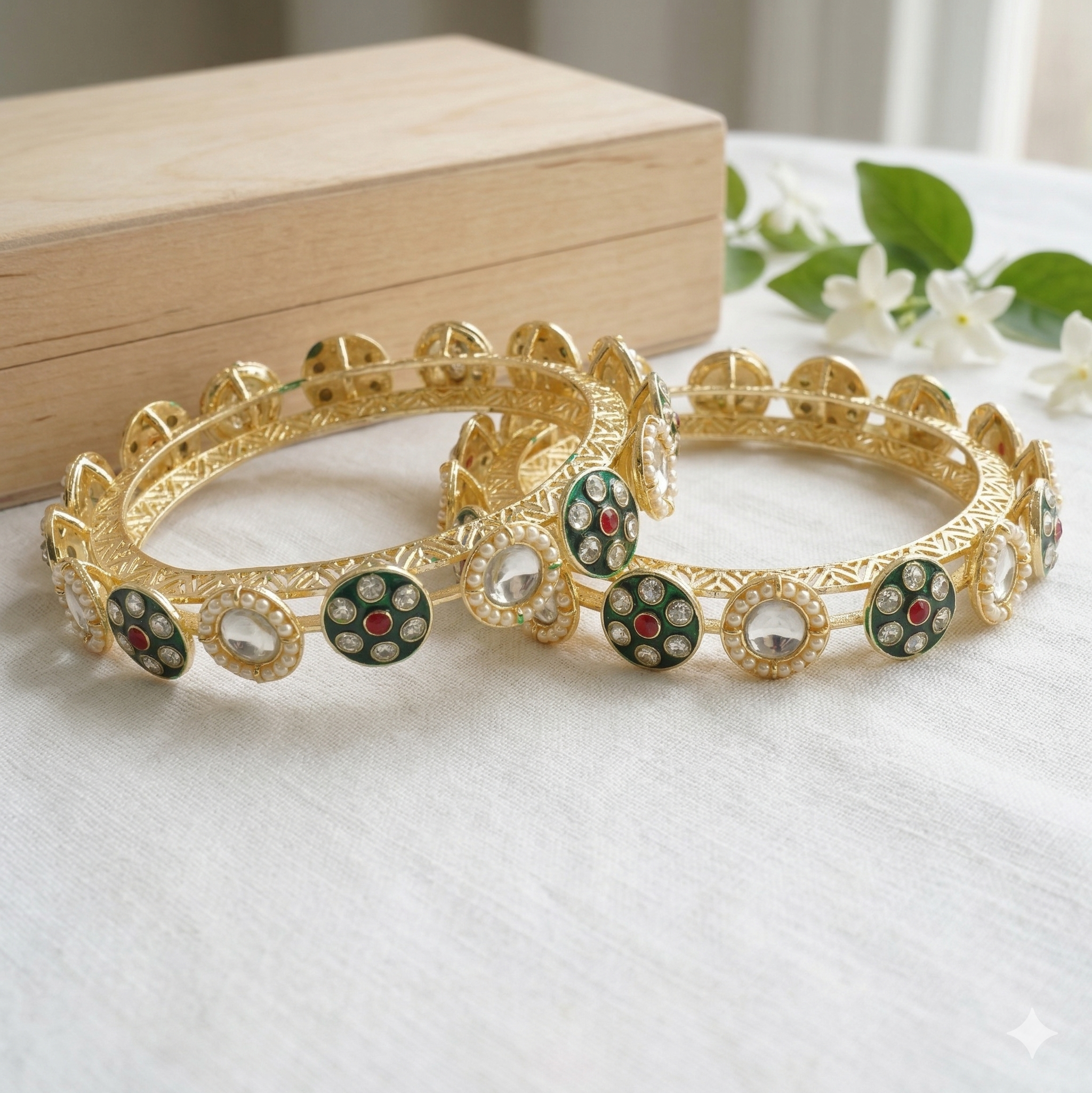 Gold Plated Designer Kundan Mirror Bangles Pair for Women Pearl Meenakari Bridal Wedding Party Wear