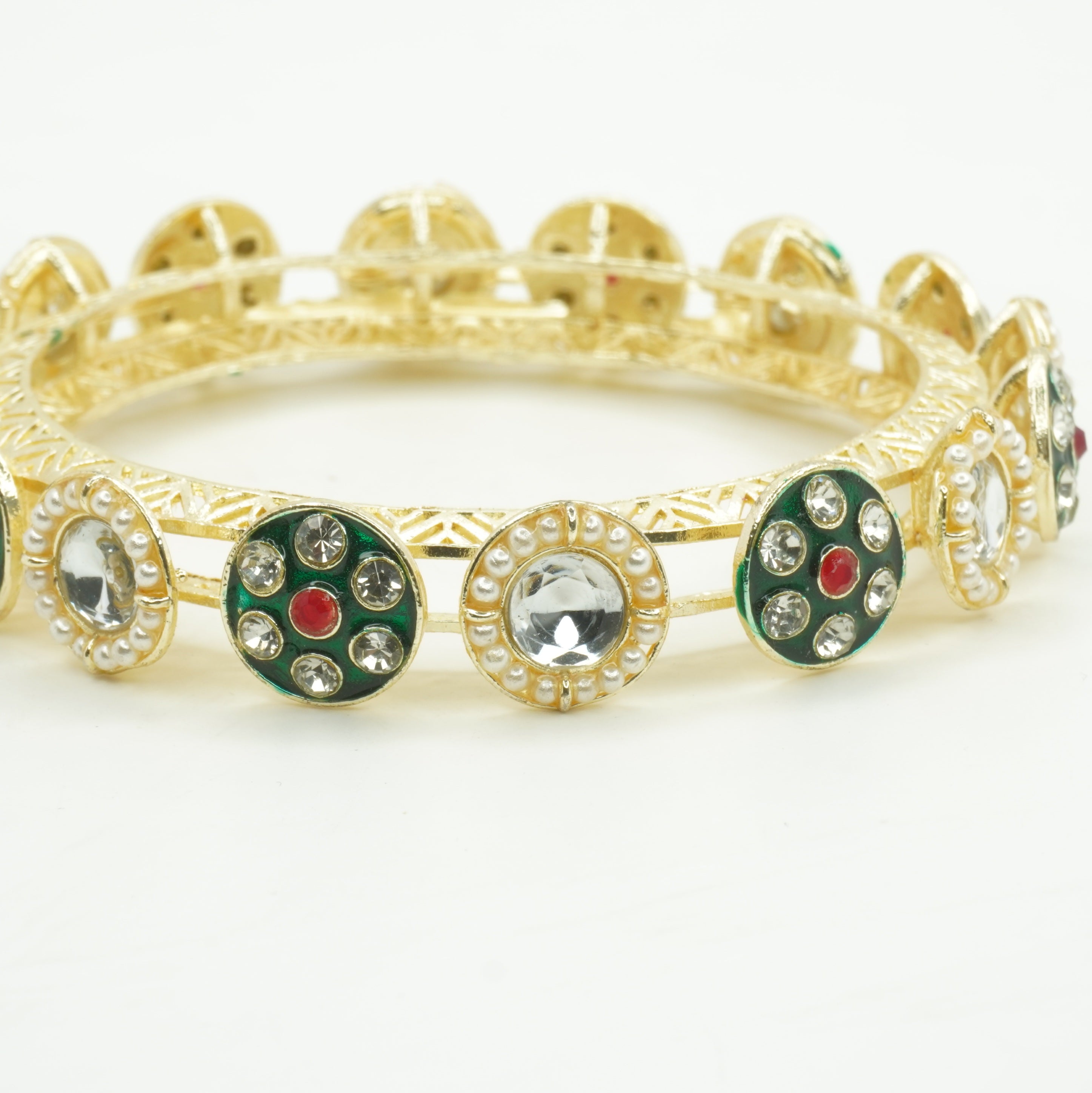 Gold Plated Designer Kundan Mirror Bangles Pair for Women Pearl Meenakari Bridal Wedding Party Wear