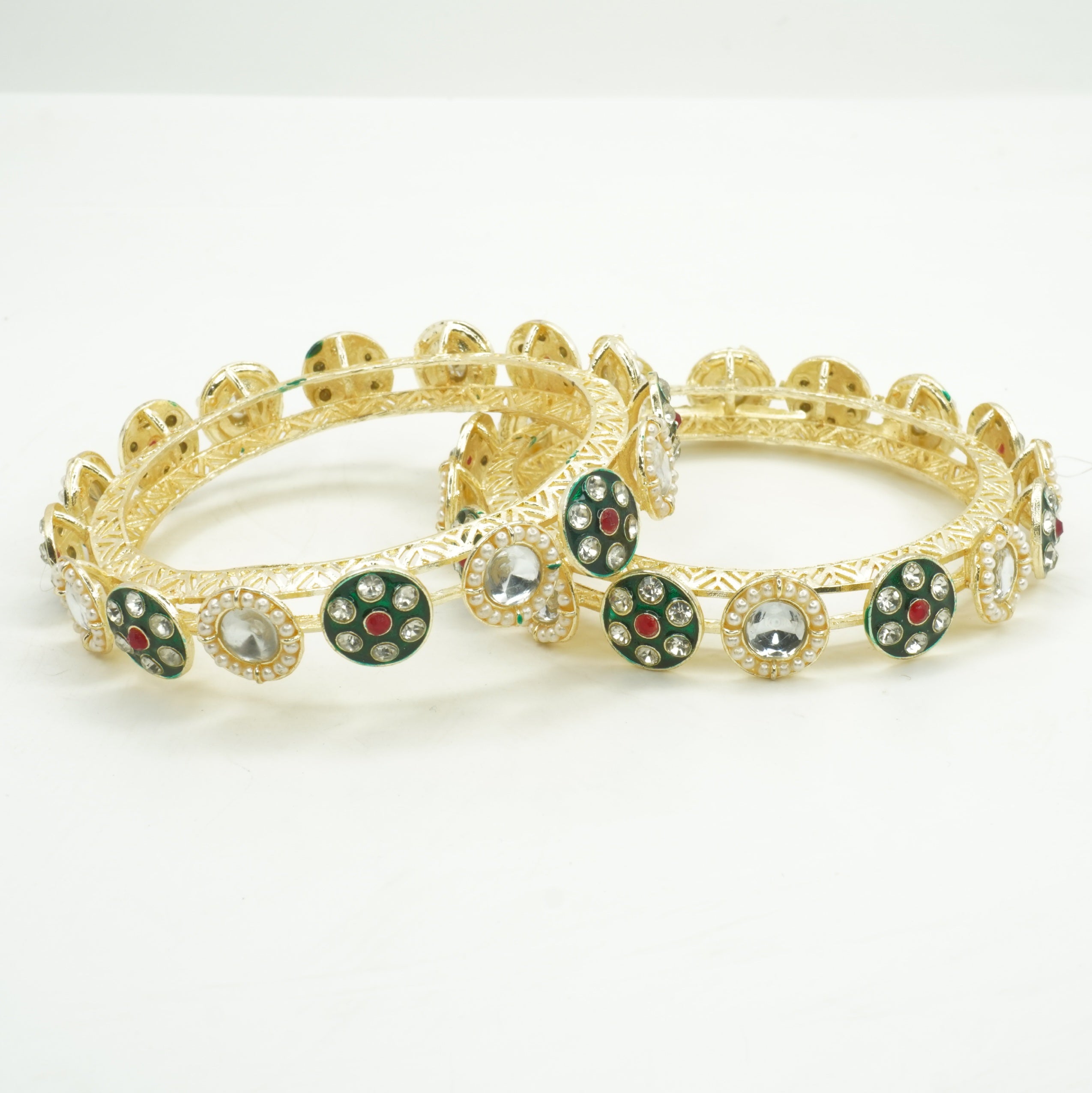 Gold Plated Designer Kundan Mirror Bangles Pair for Women Pearl Meenakari Bridal Wedding Party Wear
