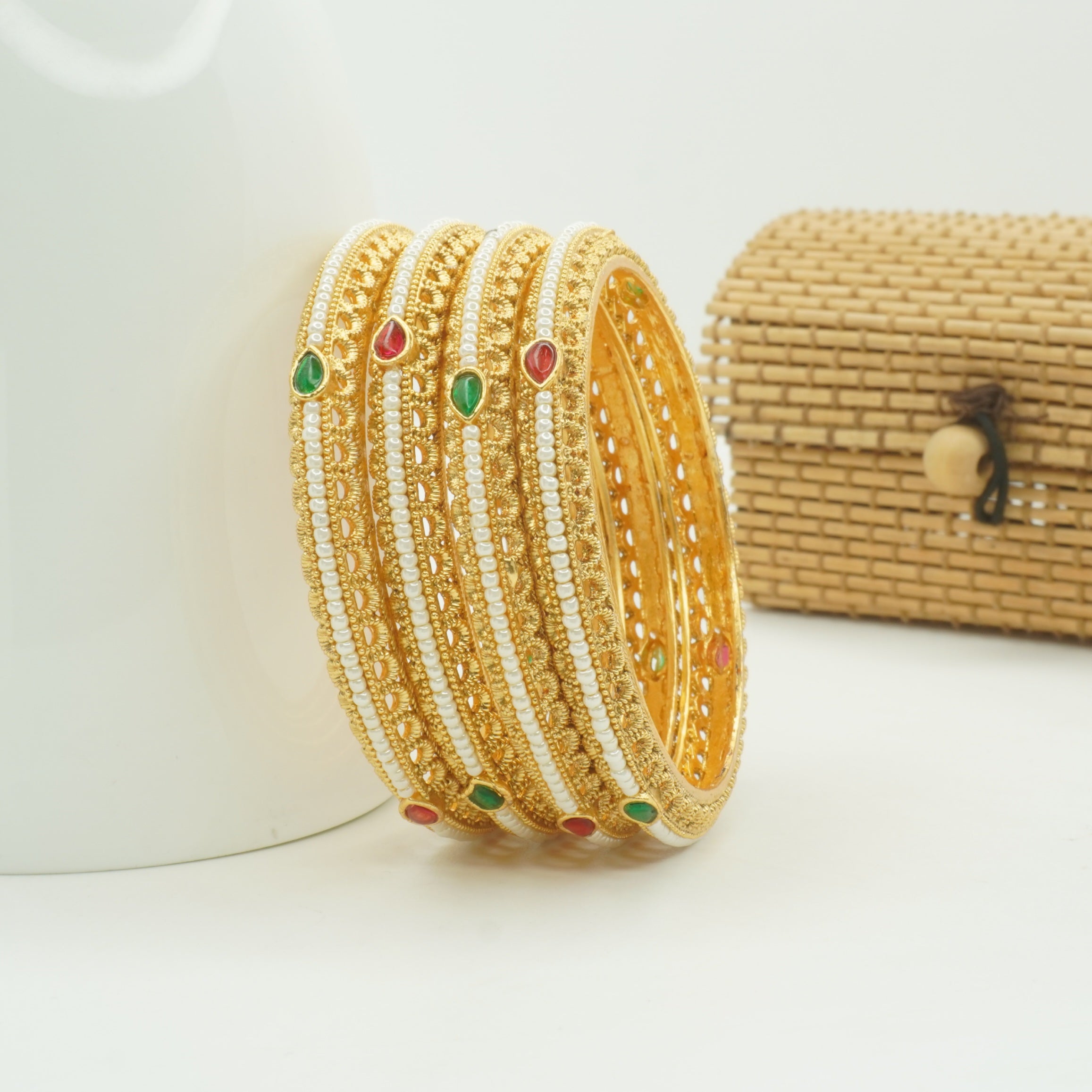 Premium Gold Plated Pearl Bangles Set for Women with Ruby Emerald Stones Traditional Wedding Jewelry