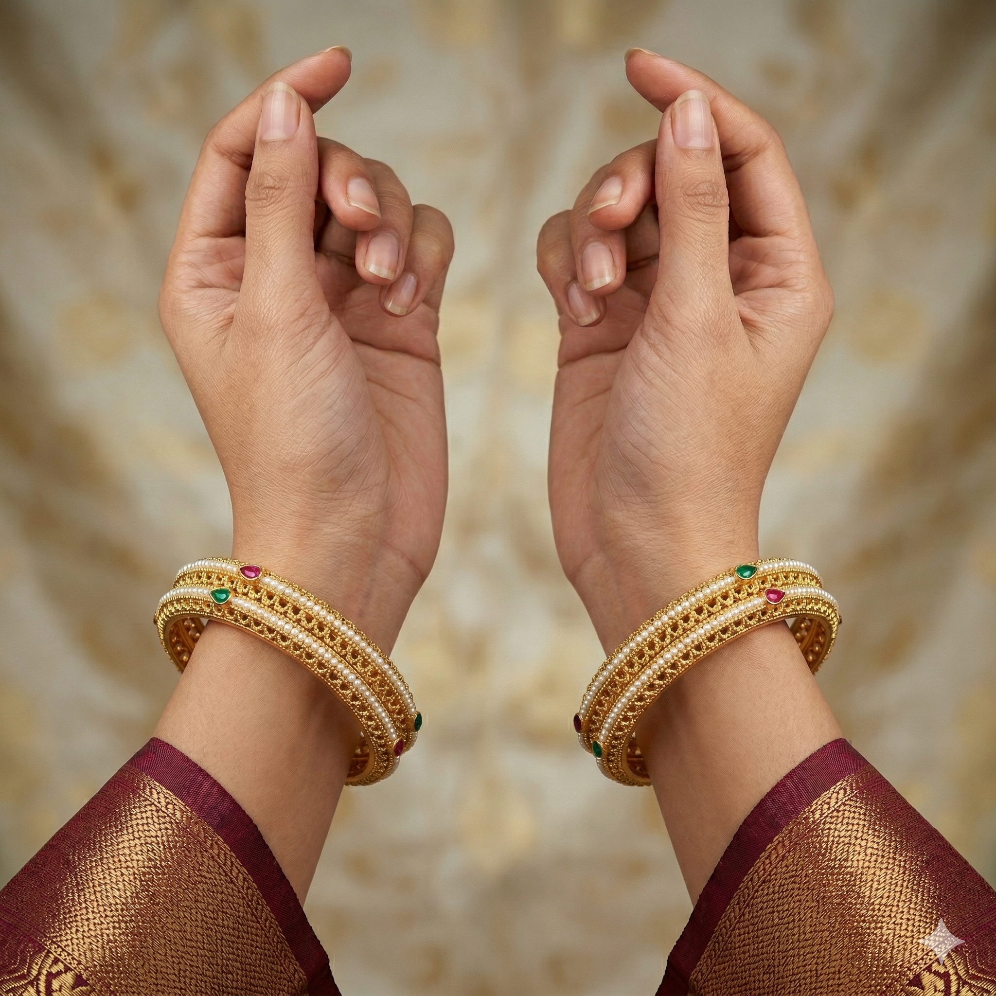 Premium Gold Plated Pearl Bangles Set for Women with Ruby Emerald Stones Traditional Wedding Jewelry
